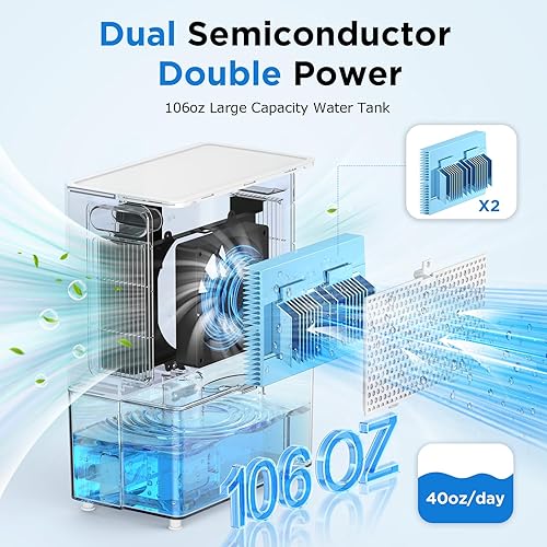 Miniatura 2 de Deshumidificador blanco de 106 onzas para el hogar, 850 pies cuadrados, luz LED de 7 colores, 2 modos, apagado y descongelación automático,