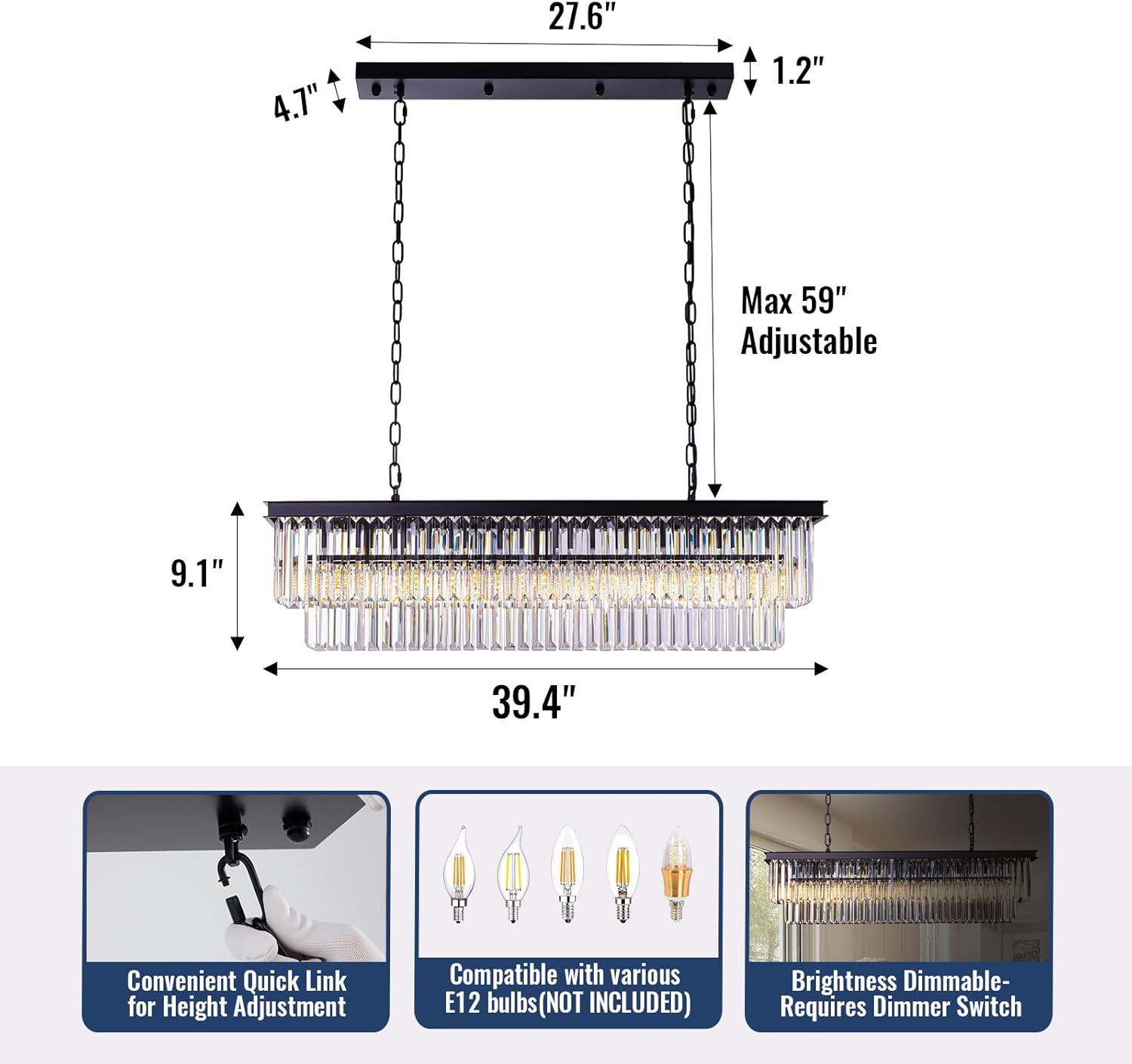 Rectangle Dining Crystal Chandelier, L39 Hanging Pendant Light with Adjustable 59" Wire, K9 Crystals, E12 Bulbs Base, Modern Ceiling Light Fixture for Kitchen Island