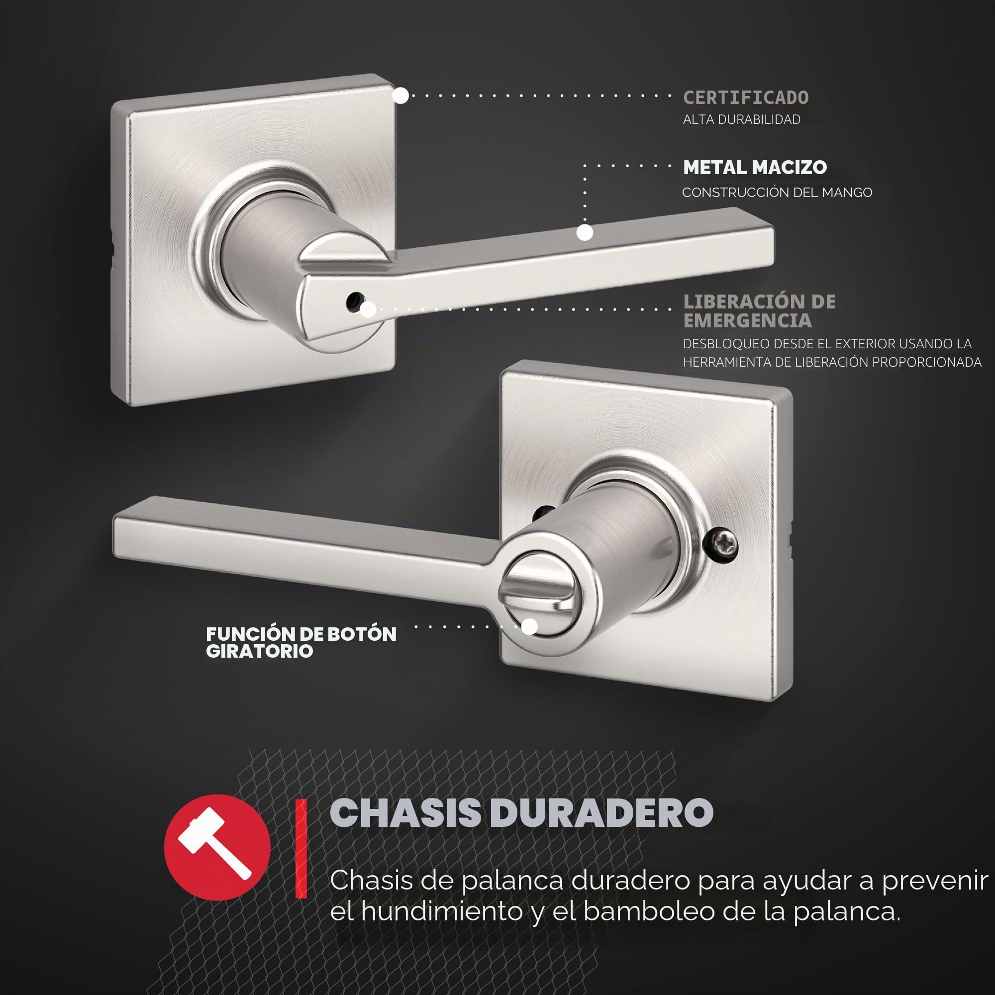 Kwikset Casey - Tirador de puerta interior con cerradura, palanca de puerta para baño y dormitorio, cerradura giratoria reversible sin llave, níquel satinado, con protección Microban