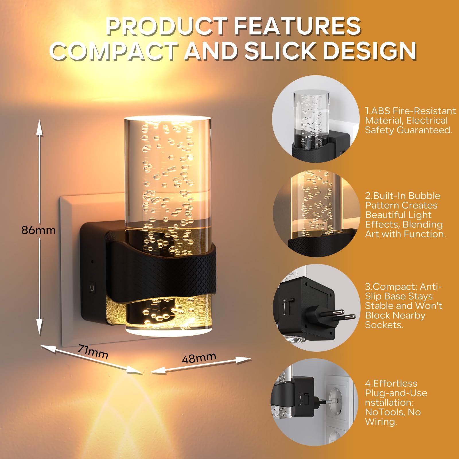 Quntis Luce Notturna da Presa con Sensore Crepuscolare, Luce Notturna con Design a Bolla in Acrilico, 1-100 lm Luminosità Regolabile, 2 Pezzi Luci Notturne da Presa, 3000K Bianco Caldo - 4