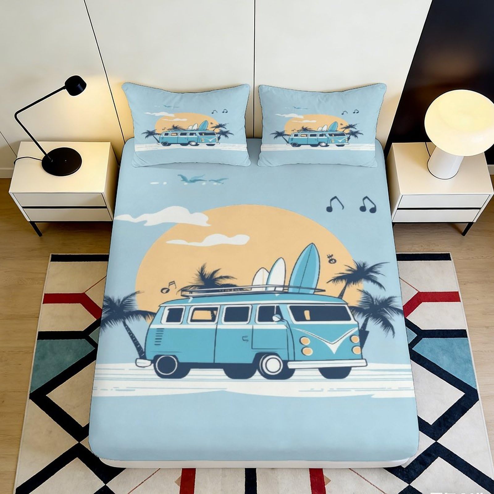 3D Printed Blue Vintage Campervan Fitted Sheet Microfiber Soft Breathable Surfboard Bed Cover for Bedroom Dormitory Guest Room Mattress Protection 120x200x25cm