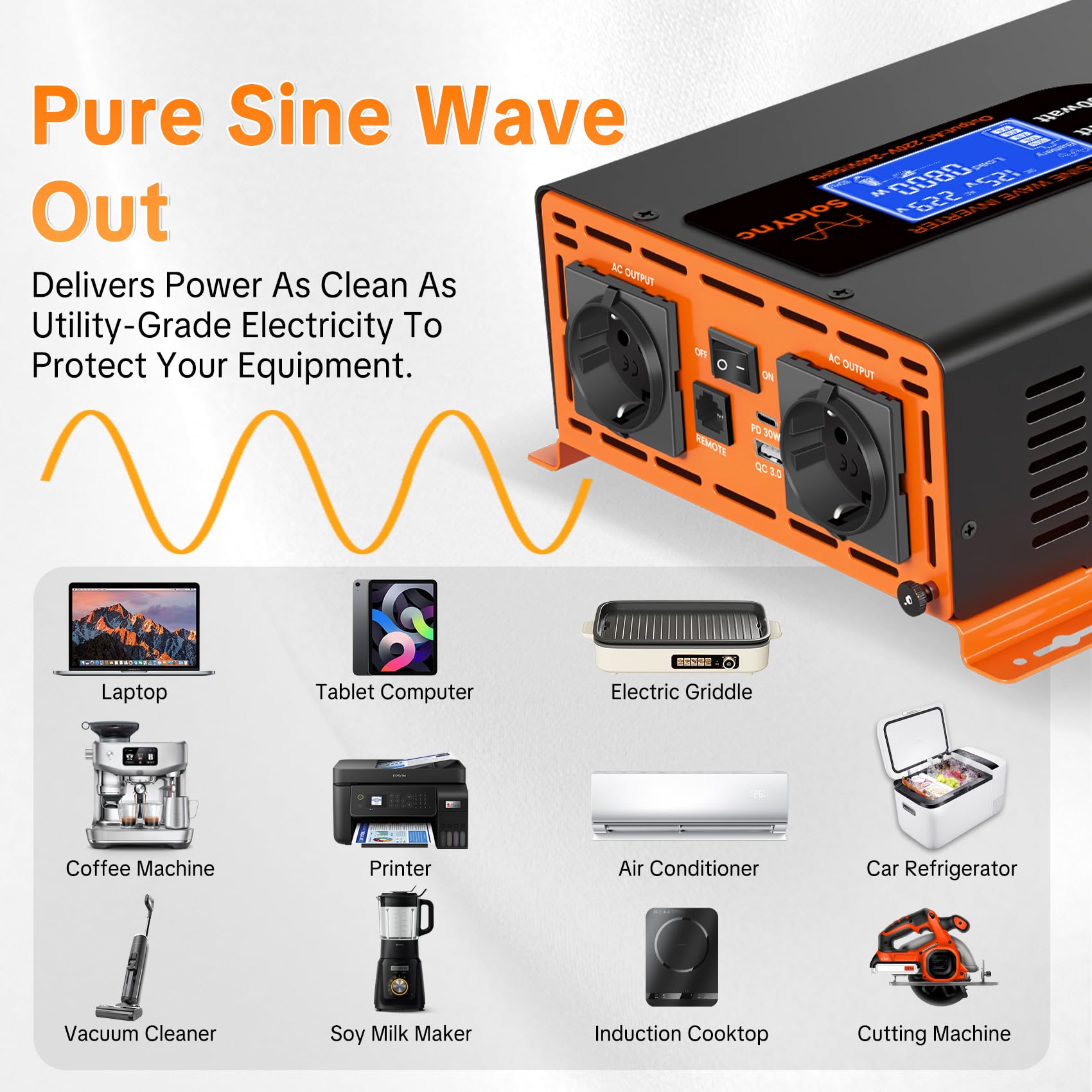 Inverter 1500W/3000W 12V 220/230V Onda Sinusoidale Pura,2 EU Presa,Porta Type-C da 30W e porta USB, telecomando LCD schermo LCD,Adatto per Elettrodomestici, Camper Campeggio