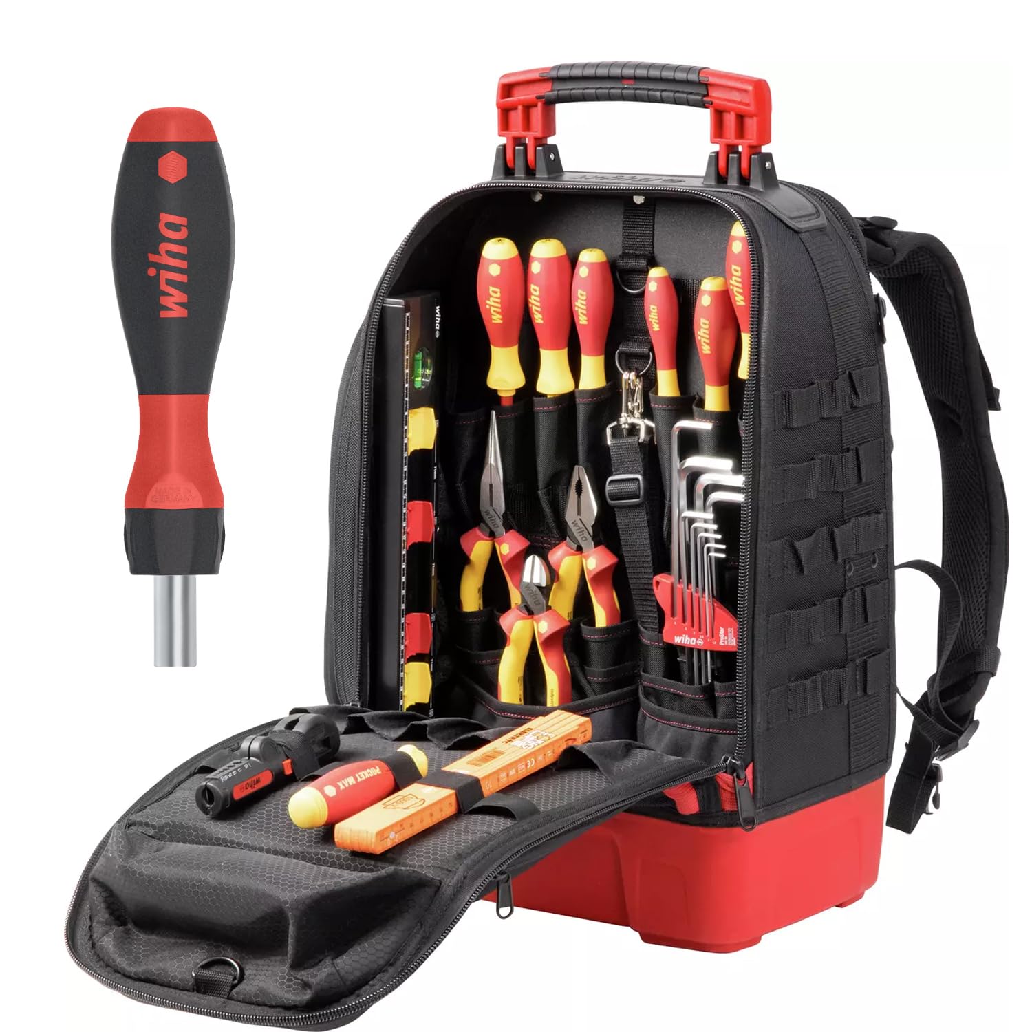 Wiha 27-tlg. - Mochila de herramientas para electricistas I con equipamiento básico para electricistas I base estable I con compartimento para portátil I bolsillos para accesorios (45528) (estándar