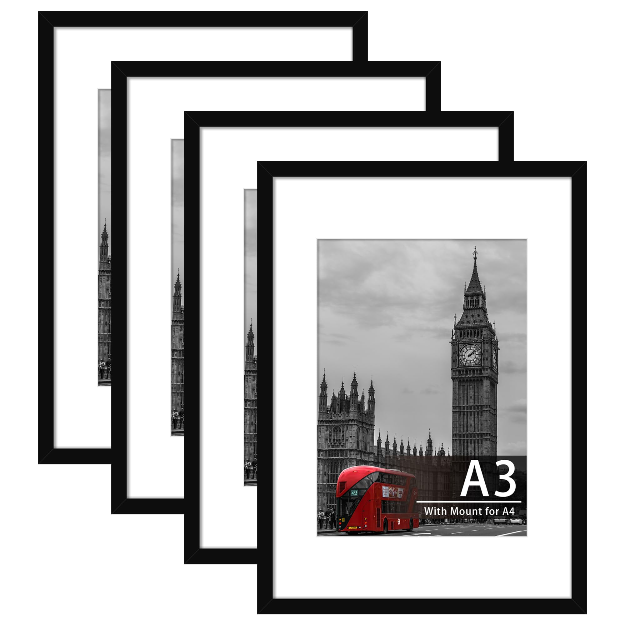 Tinkeps 4 Pack A4 Black Picture Frame, Engineered Wood and Plexiglass, A4 Frame with Mount for A5 Prints, Photos, and Posters, Tabletop and Wall Mountable — view 10