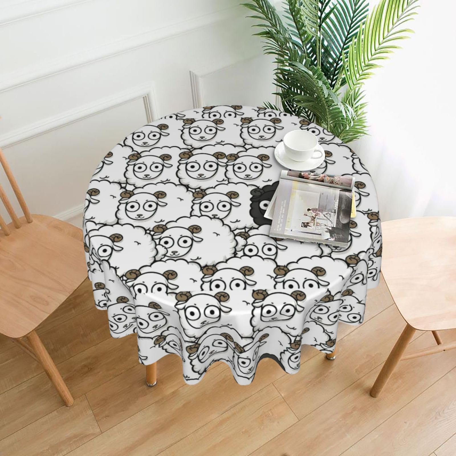 SDEGTHO Cartoon Black White Sheep Print Modern Retro Round Tablecloth 60in Polyester Fabric Cover for Party Dining Table Washable