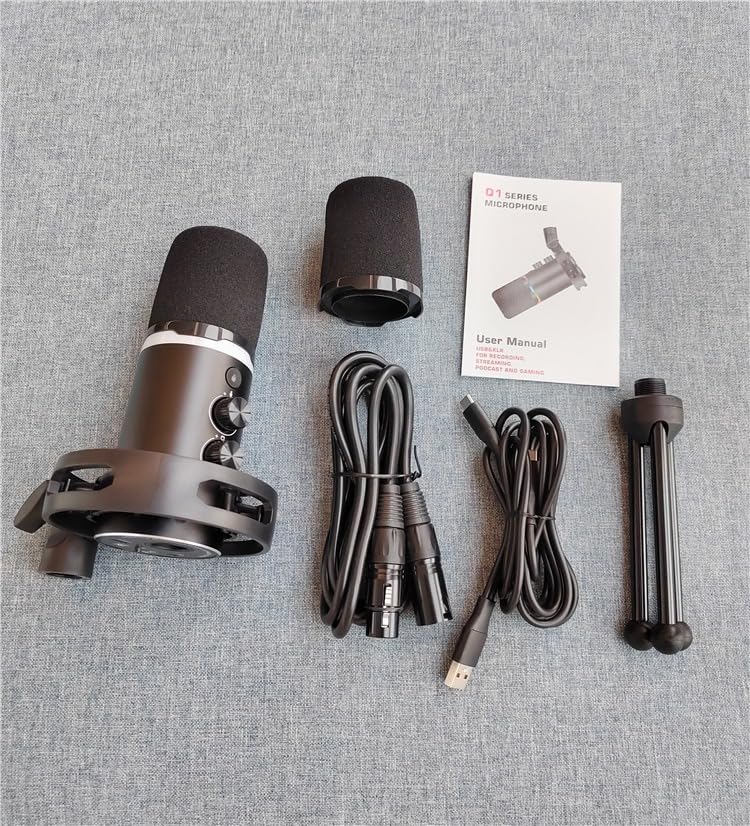Coverzone RGB Profesyonel Stüdyo Mikrofon Kayıt USB/XLR Çift Modlu Podcast Dinamik Mikrofon Masaüstü Canlı Yayın Mikrofonu PC USB, Oyun, Podcast, Kayıt, Yayın, Mac, Winows ile Uyumlu Q1