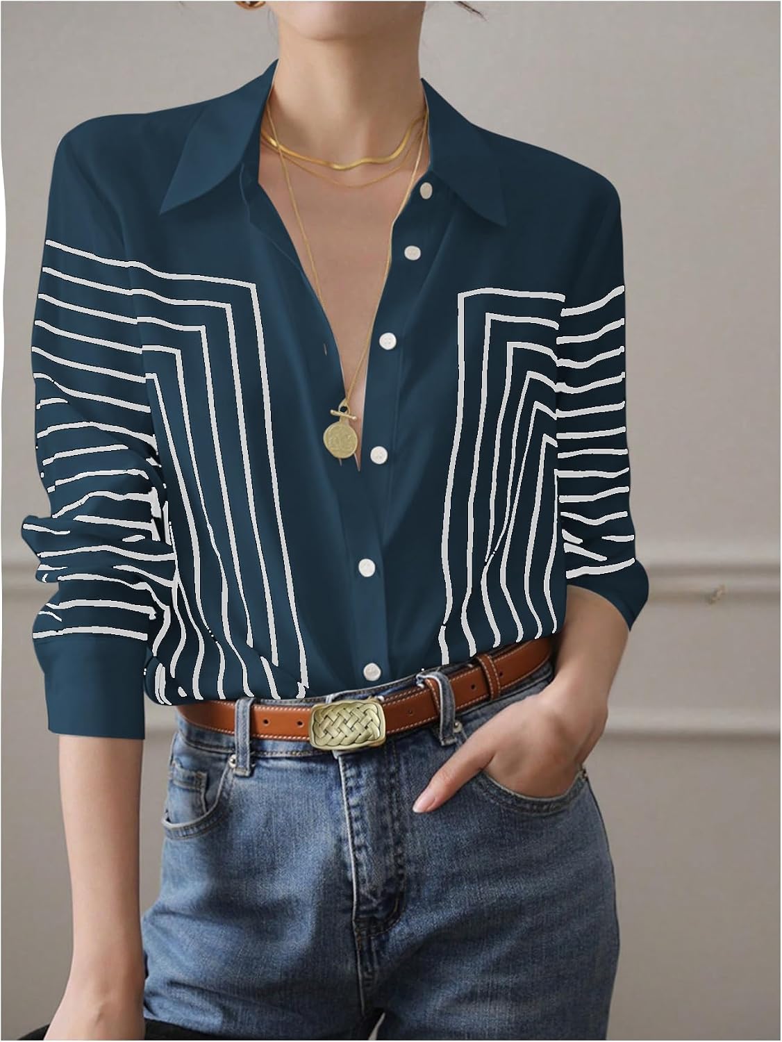 SweatyRocks Women's Striped Button Down Shirt Long Sleeve Blouses Business Casual Outfits
