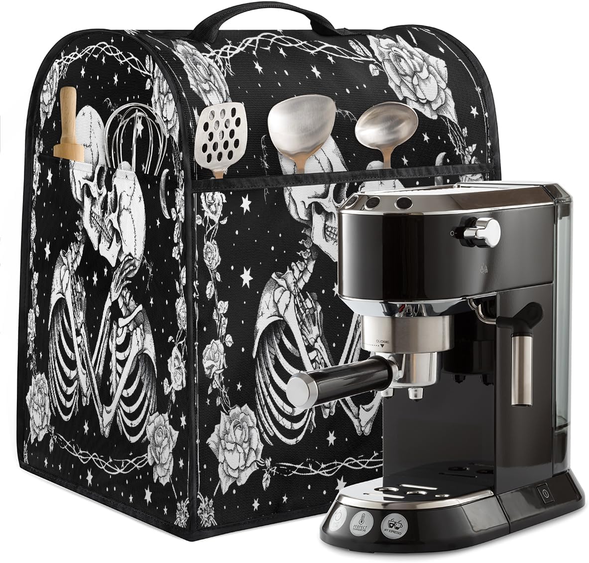 Kitchen Aid Mixer Cover Compatible with 6-8 Quarts Halloween Skull Skeleton Goth Stand Mixer Cover Dust Cover with Zipper Pocket Appliance Accessories Organizer Bag Holiday Decor