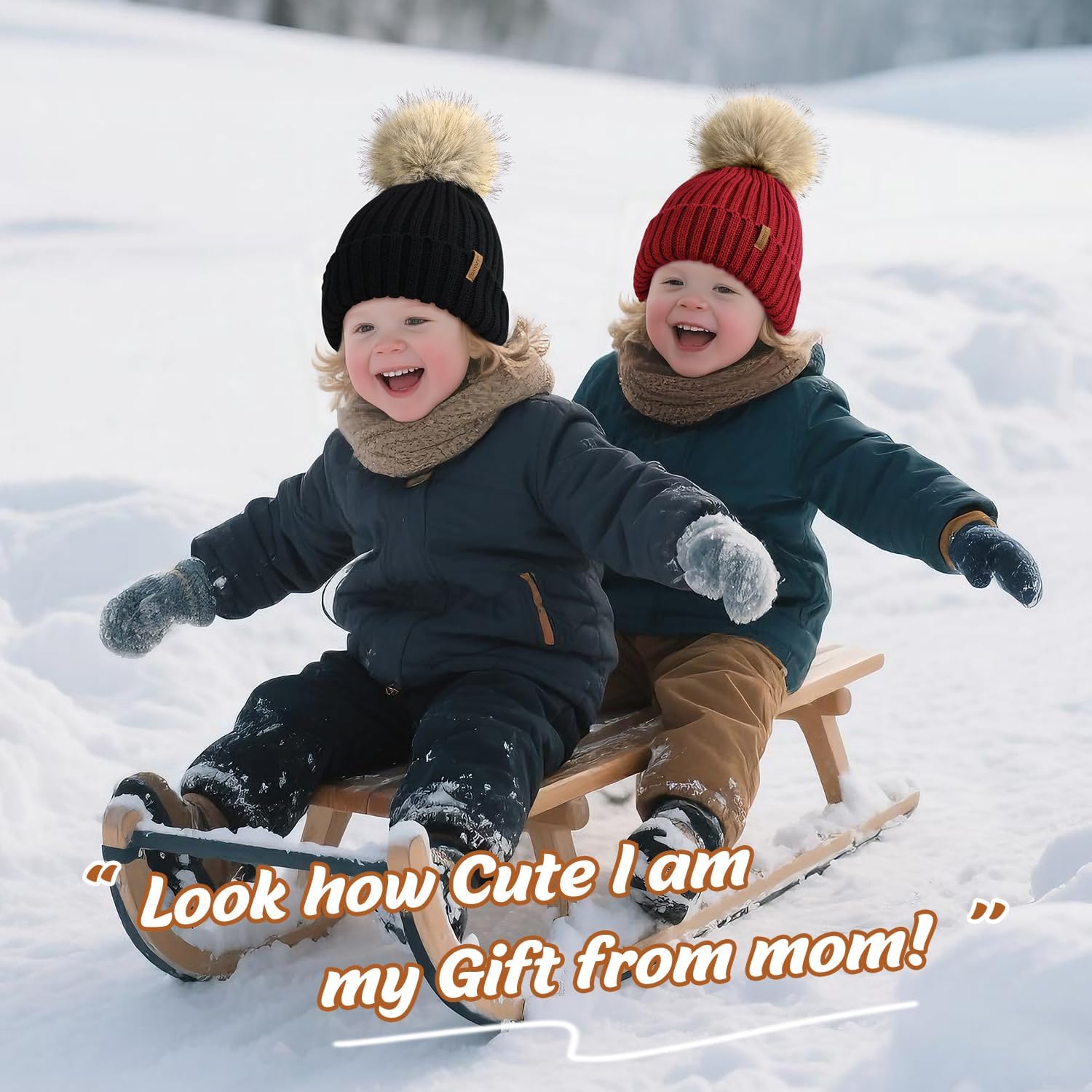 Kids Winter Hat Toddler Stretchy Knitted Beanie with Faux Fur Pom Poms Beanie for Baby Girls Boys - Image 7