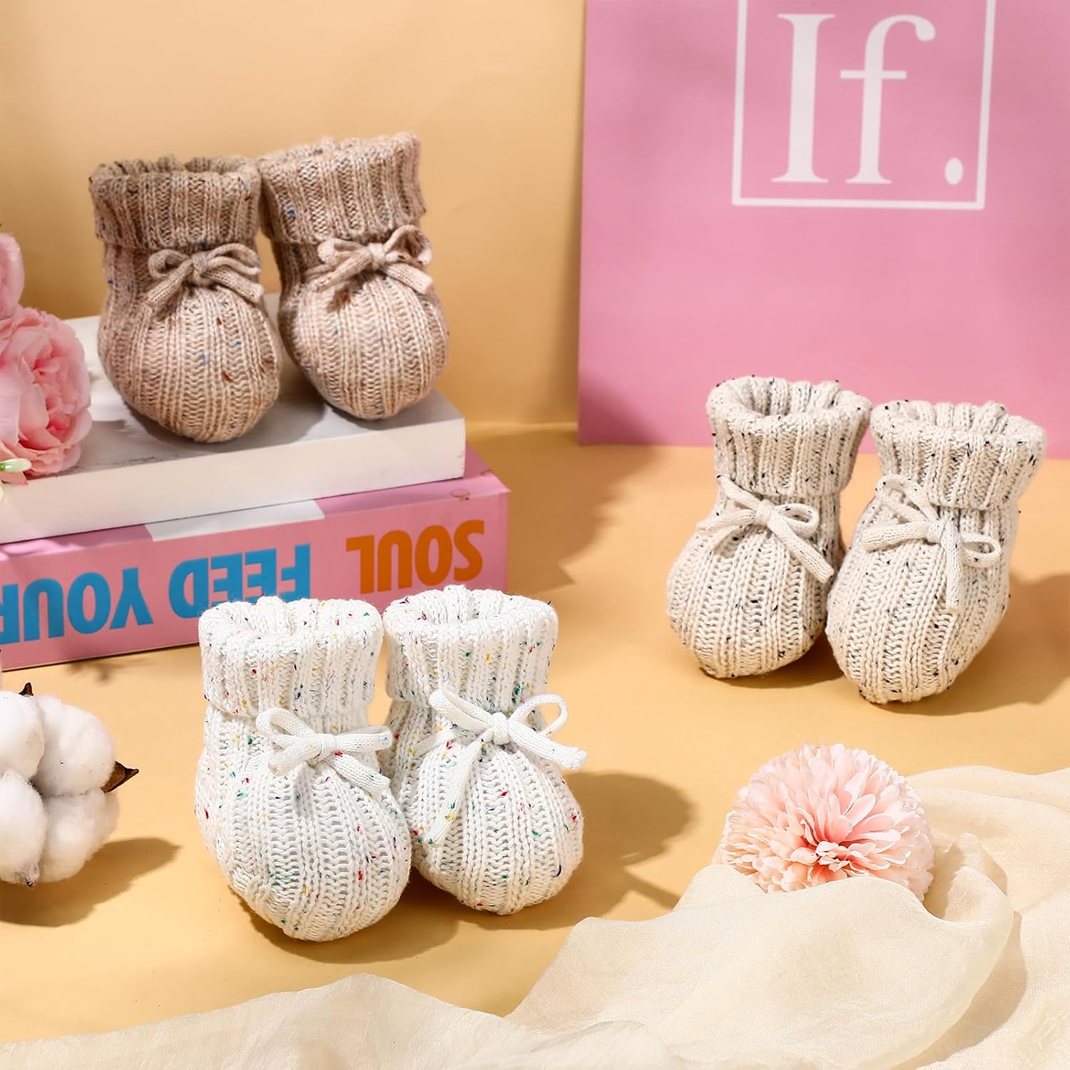 Evervibe 3 Pairs Knitted Baby Booties 0-6 Months Newborn Baby Crochet Shoes First Walkers Cozy Shoes for Infant Girl Boy