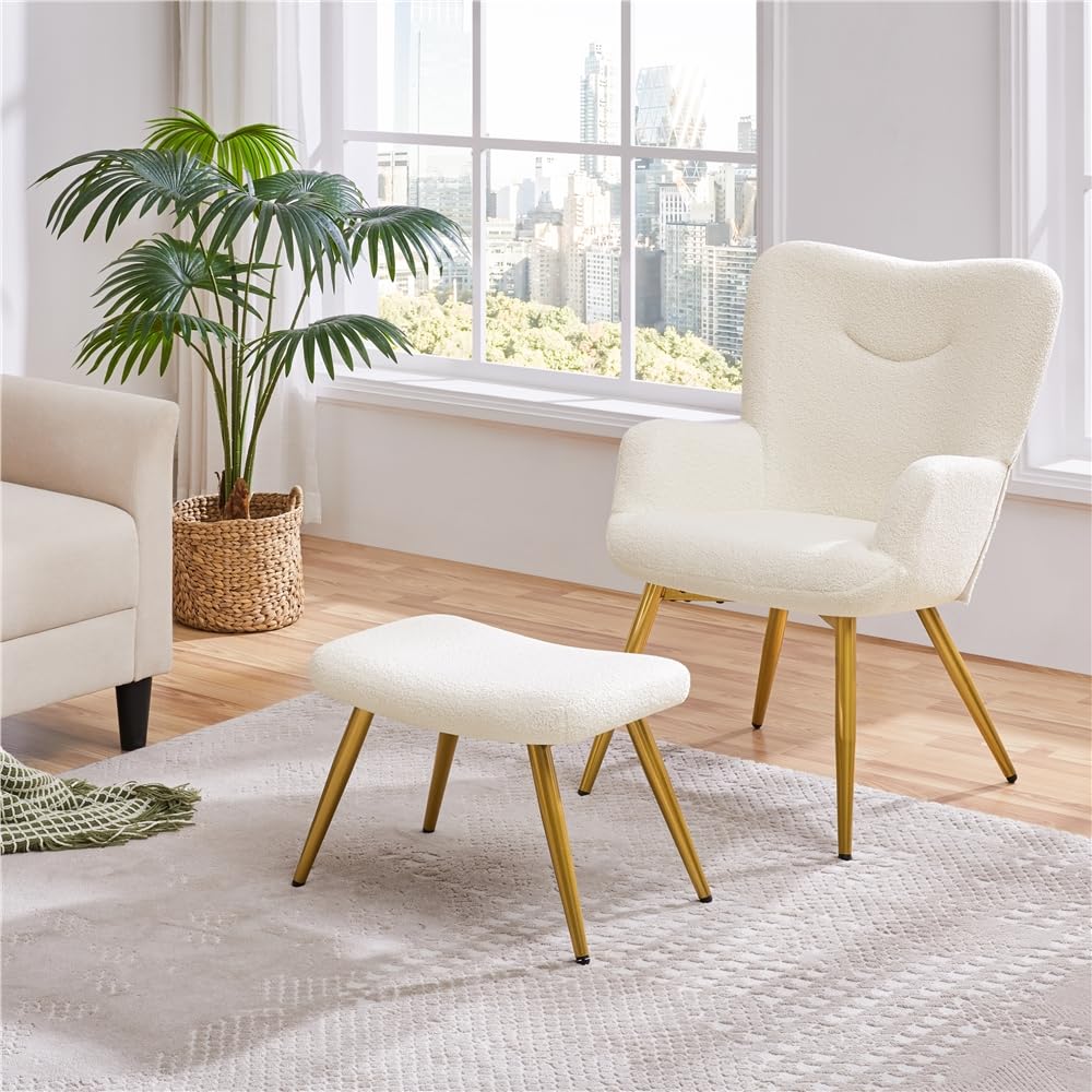Yaheetech Sessel Ohrensessel mit Hocker aus Boucle-Gewebe, Relaxsessel mit Fußstütze, Loungesessel mit Klappbarer Rückenlehne, Fernsehsessel für Wohnzimmer/Schlafzimmer Elfenbein