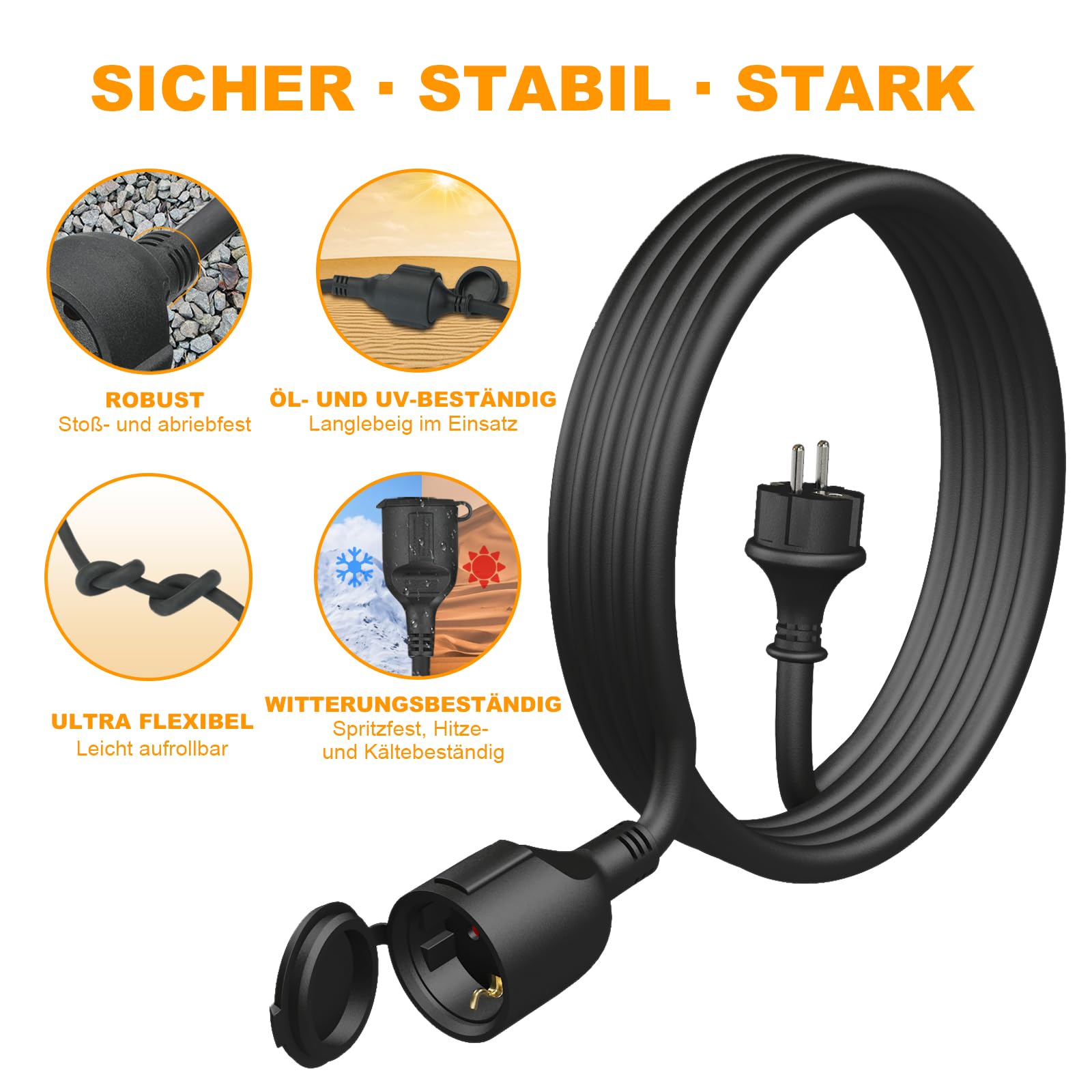 Cavo di prolunga per esterni, 20 m, con tappo di protezione, H07RN-F 3G, 2,5 mm², cavo di alimentazione in gomma con spina Schuko per esterni IP44, cavo elettrico esterno, 3500 W, 16 A, 250 V