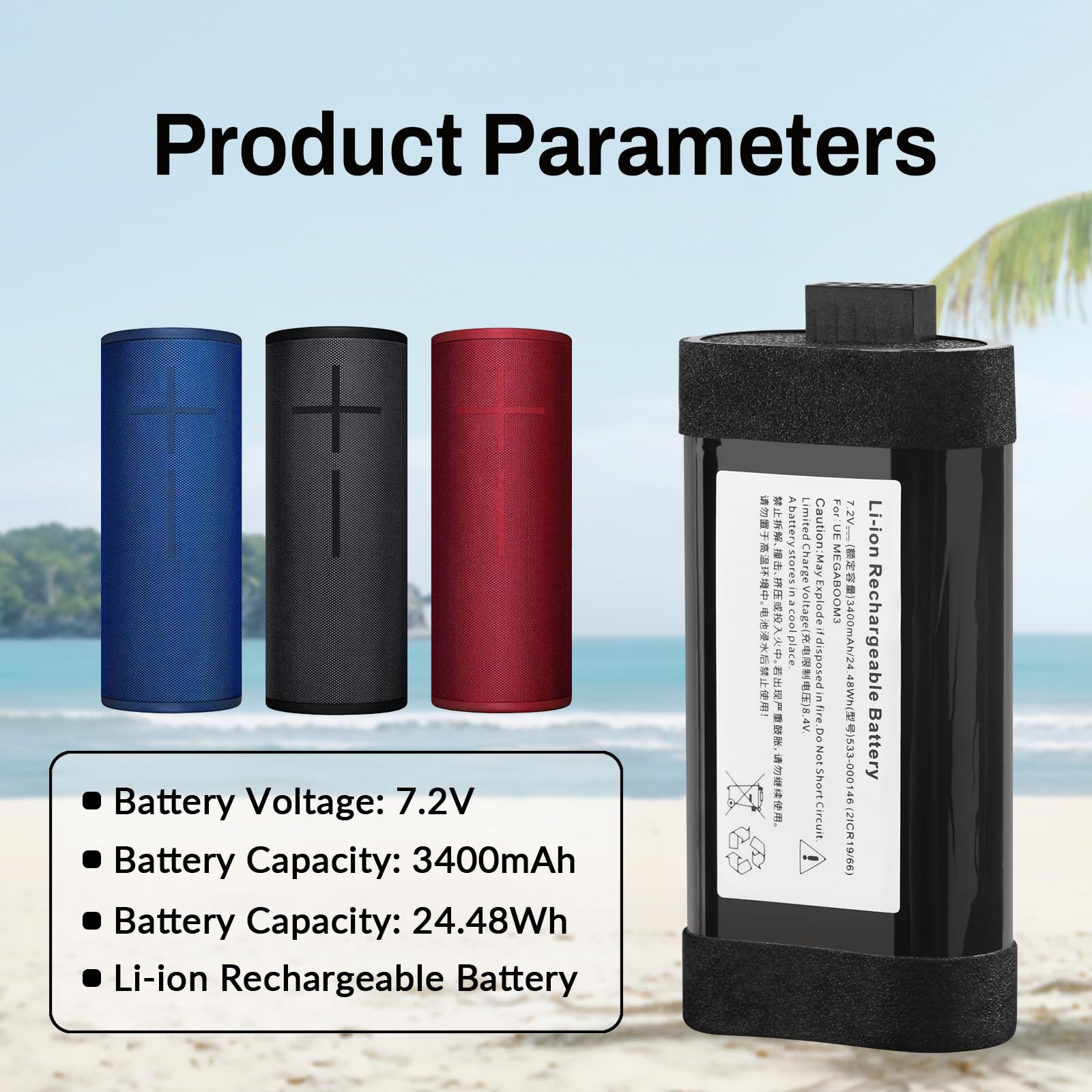 K KYUER 533-000146 Altavoces Batería para Logitech UE Megaboom, UE Megaboom 3, S-00171, S-00147 Wireless Bluetooth Speaker Altavoz Bluetooth portátil con batería Tools 533-000116 7.2V 3400mAh