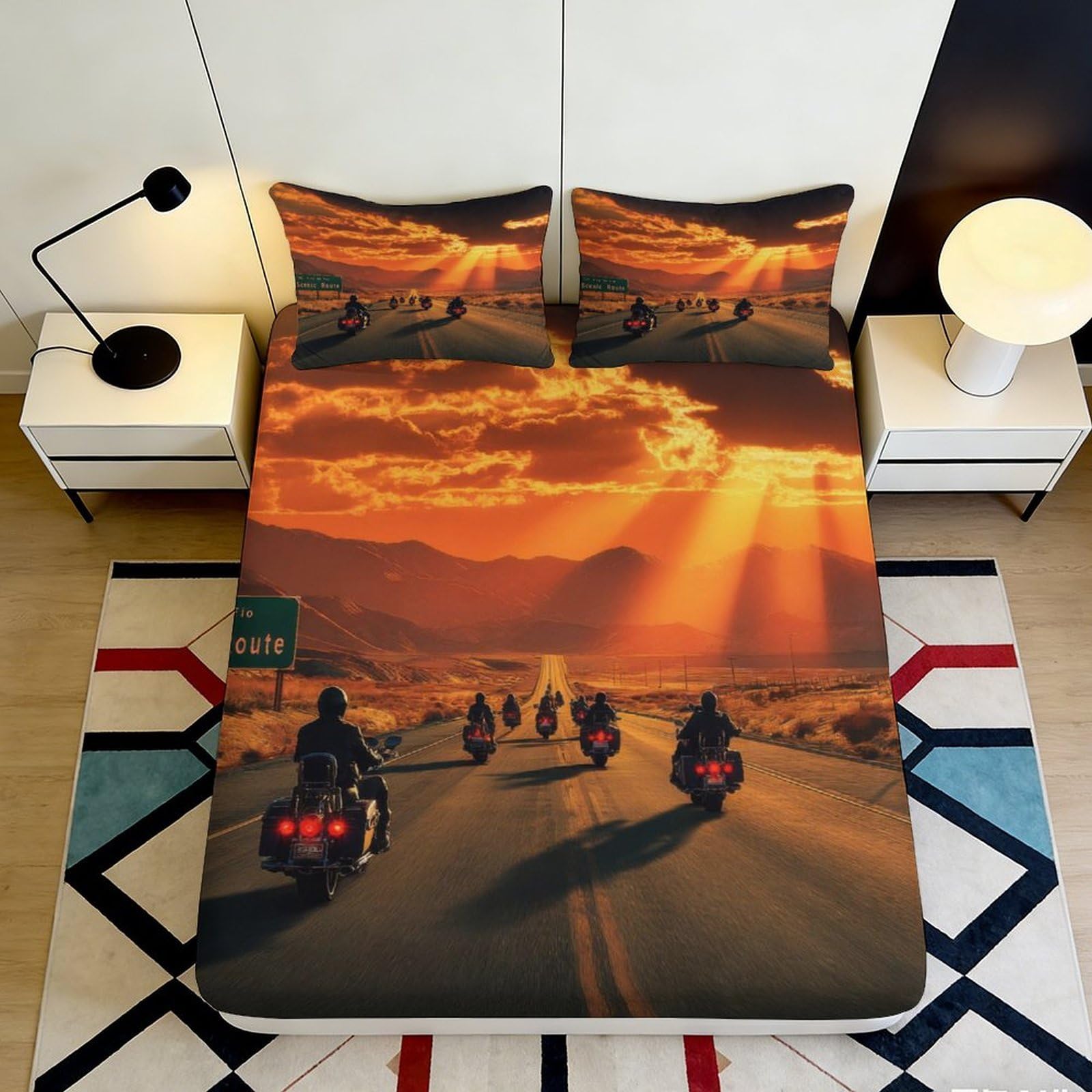 3D Printed Motorcycle Roadscape Fitted Sheet Microfiber Elastic Hem Deep Pocket Sunset Mattress Fitted Cover Bedroom 200x200x25cm