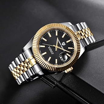 Pagani Design Luxury Men's Automatic Mechanical Watch Japan NH35 Movement Stainless Steel AR Synthetic Sapphire 100m Waterproof Elegant Dress Sports Watches Date (Black-Gold)