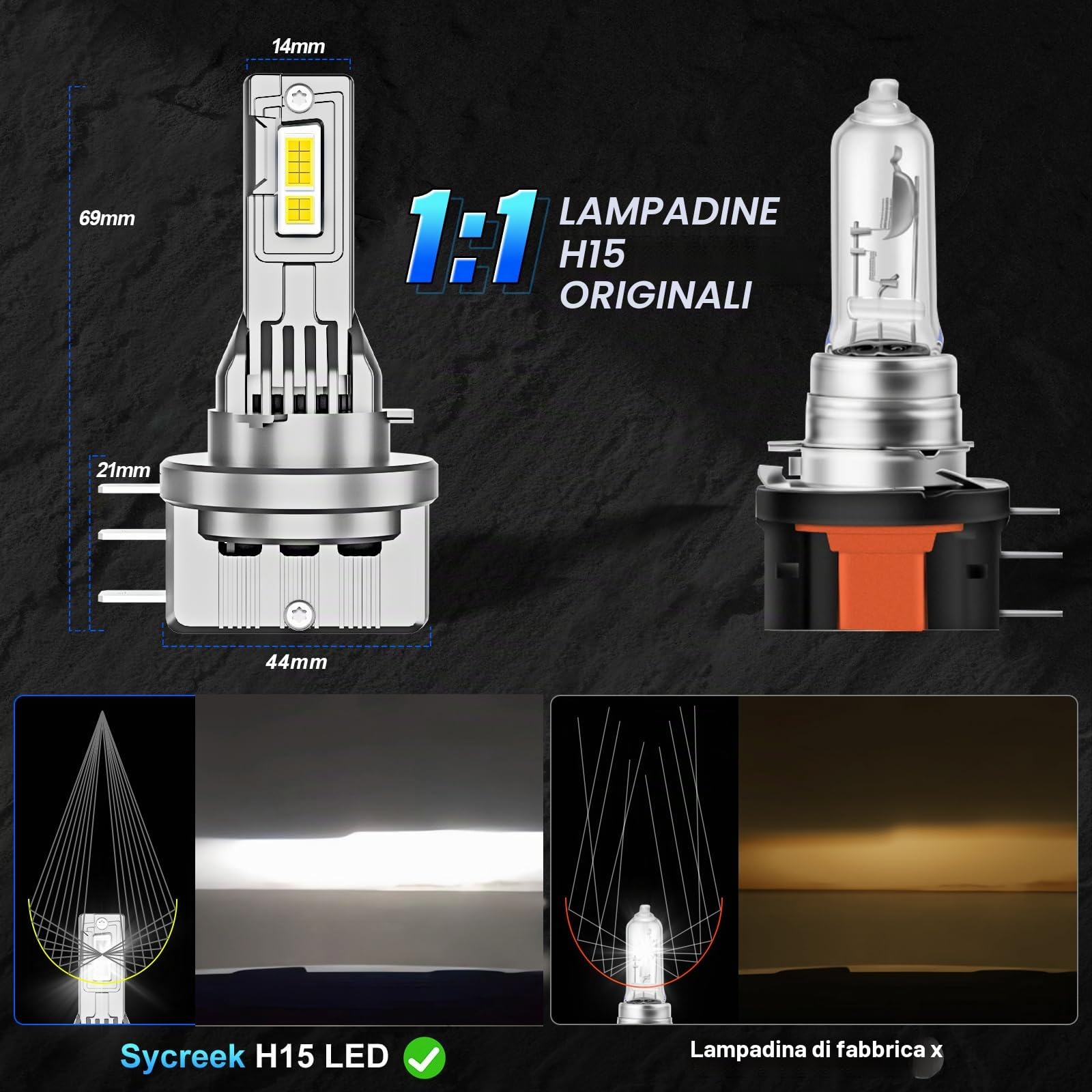 Sycreek Lampadine LED H15,100 W 30000 LM 6000 K Bianco per fari auto, anti errore Canbus, kit di ricambio per lampadine allo xeno DRL,2 lampadine H15 LED