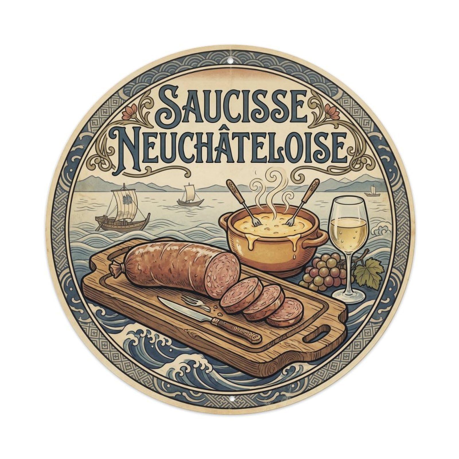 Swiss Cuisine Cheese Sausage Fondue Food Travel Metal Tin Sign