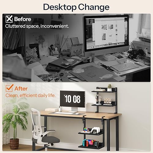 Miniatura 7 de HOOBRO Estante de escritorio con abrazadera, organizador de escritorio de 2 niveles, estante de escritorio que ahorra espacio con estantes