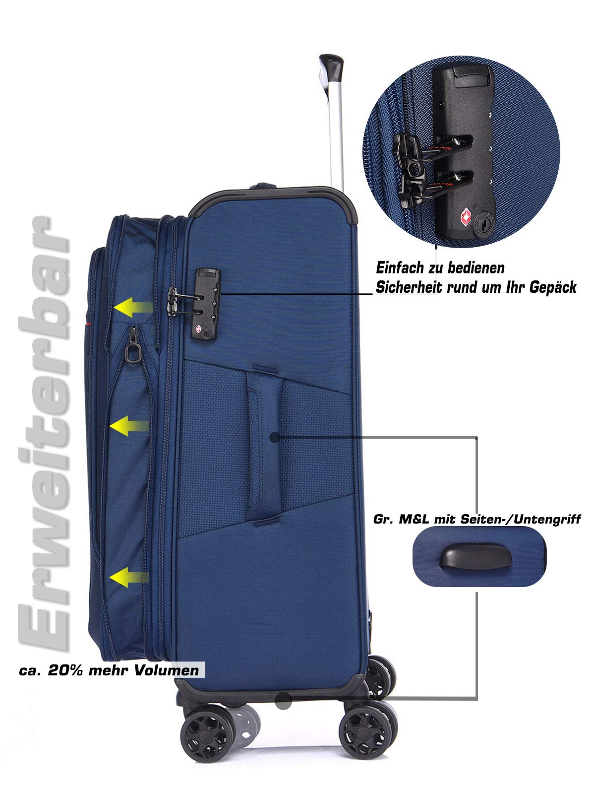 Verage Toledo Weichgepäck 4 Doppelrolle großer Koffer Trolley L-83cm 96-115 L erweiterbar, TSA-Schloss, Weichschale-Reisekoffer Blau