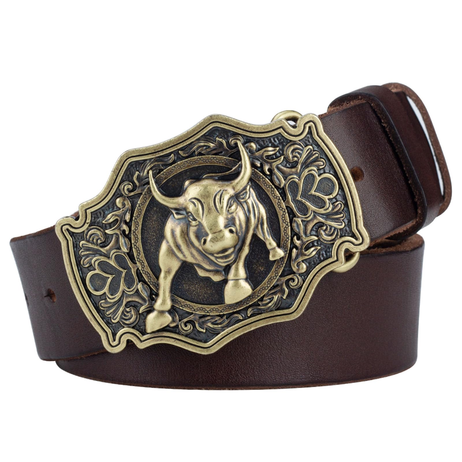 Jiary Unisex Brown Cowboy Western Rodeo Belts For Men, Mens Belt With Longhorn Bull, Leather Belt Longhorn Bull Pattern Square Alloy Buckle Vintage Belt,,115Cm/45.3''