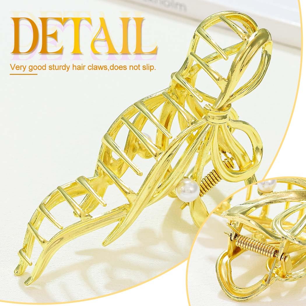Reaky Metal Hair Claw Clips Gold Bow Hair Claws 2 Pcs Large Bowknot Claw Clips Pearls Hair Accessories for Women - Image 4