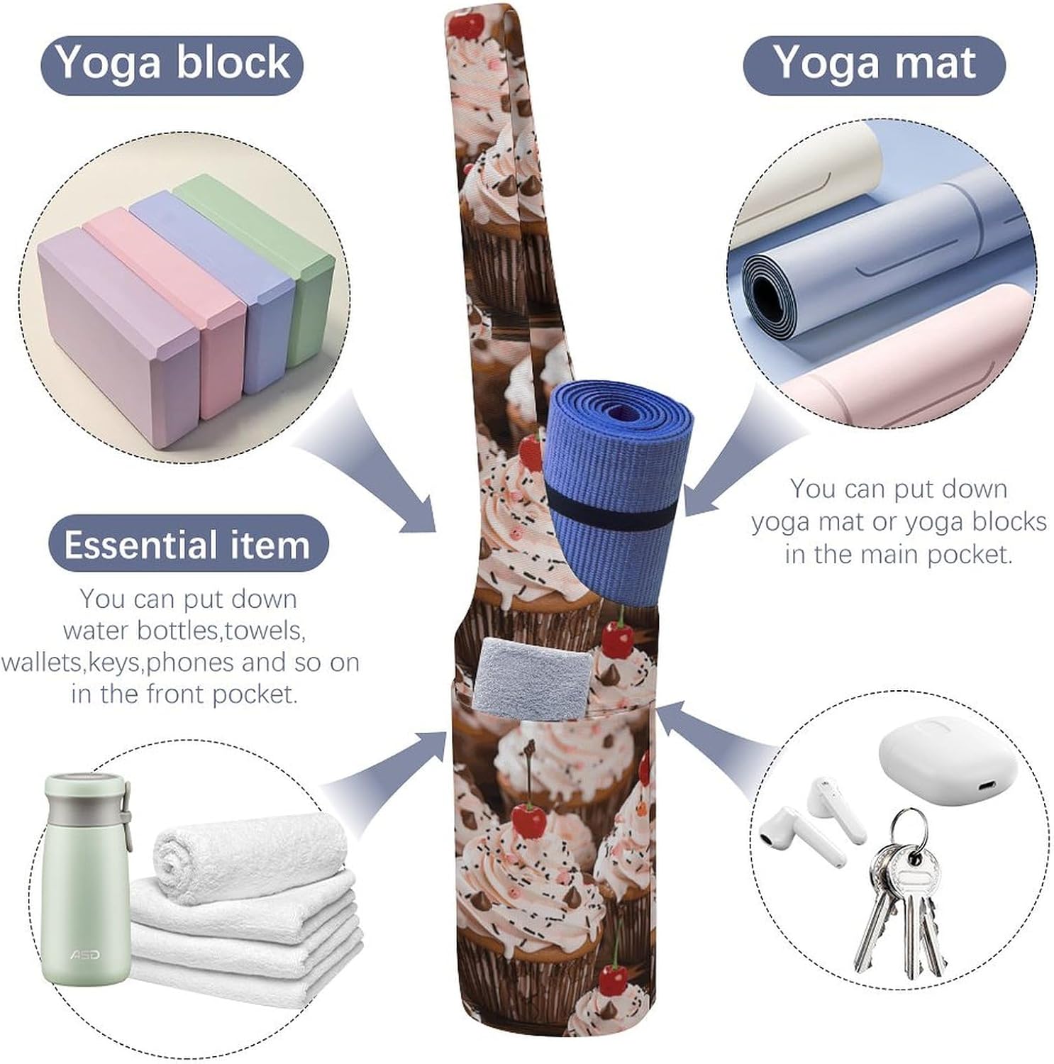 Canvas Yoga Bag,Cupcake And Muffin Printed Yoga Mat Handbag,Portable Yoga Mat Bag Large Capacity Gym Bag for Men Women Pilates Beach Travel