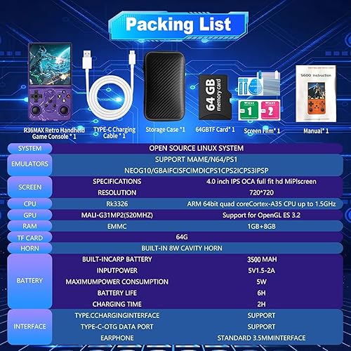 Miniatura 5 de Consola de juegos retro S600, Consola de mano retro Sistema Linux de pantalla de 4.0 pulgadas, Tarjeta TF 64G, Soporte 30+ simuladores, Arcada de