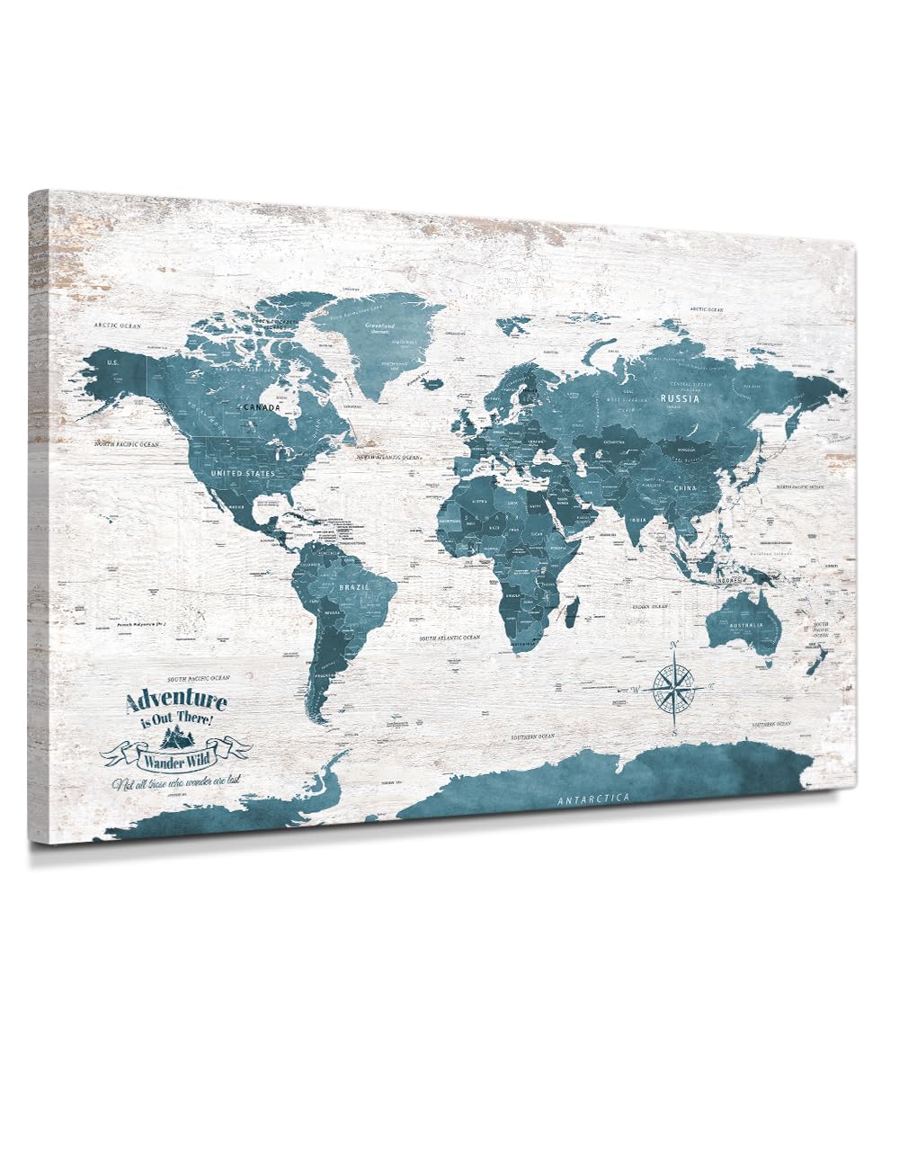 IPIC Vintage Teal World Maps for Wall, World Map Canvas, Size 36x24 in