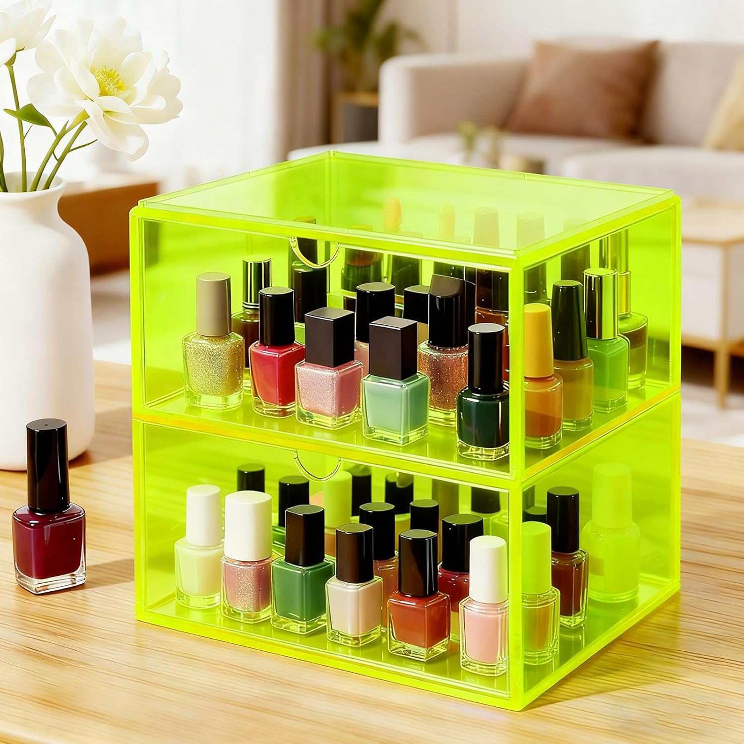 Acrylic Desk Organizer with Drawers Stackable Makeup Organizer for Vanity Office Countertop Cosmetic Display Cases Makeup Storage Box, Neon Green