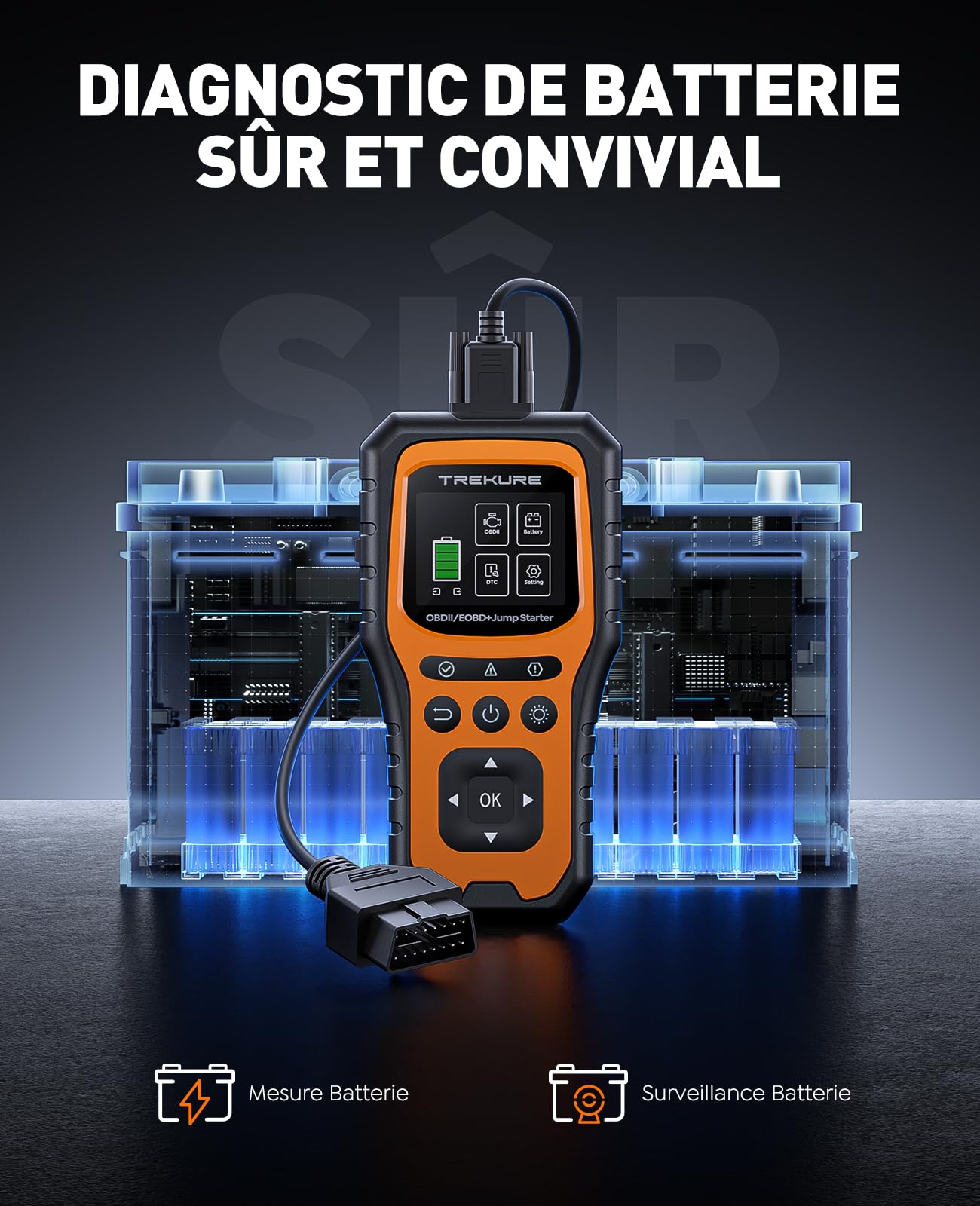 Booster Batterie Voiture avec OBD2 Diagnostic, 7000A Démarreur Voiture(Tous Gaz ou 10.0L Diesel), OBD Diagnostique Français avec Tests de Tension, Booster avec Diagnostic OBDII, Écran, Pince, LED