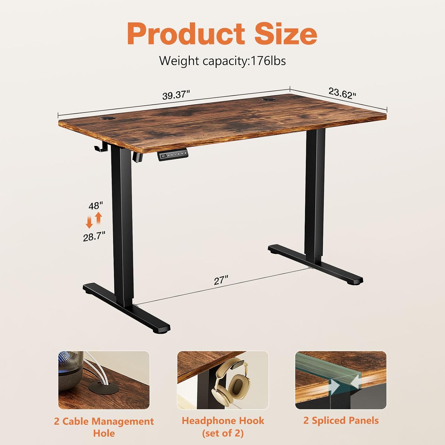 Sweetcrispy Electric Standing Desk Adjustable Height, 40x24 Inch Sit Stand Up Home Office Desks Computer Workstation PC Work Table with 3 Memory Preset Splice Wood Board Metal Frame, Rustic - 3