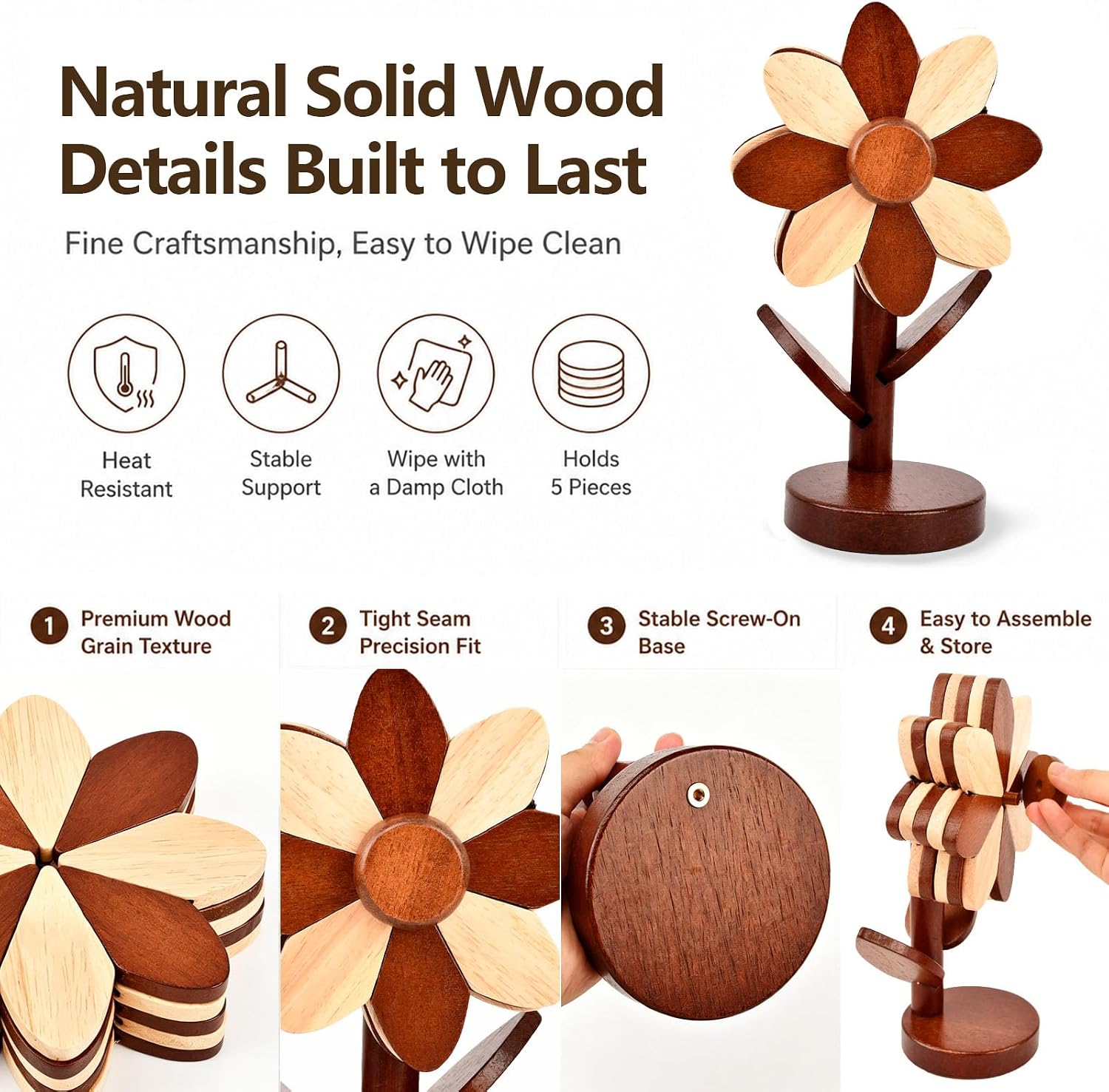 Wooden Trivets for Hot Dishes, Set of 5 Sunflower Shaped Hot Pads with Tree Storage Stand, Rubberwood Trivet Set for Pots Pans Tea, Table Protector Coasters Snack Trays（Walnut）