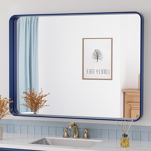 Miniatura 56 de TETOTE Espejo de 60 x 36 pulgadas para baño, espejo de tocador dorado de latón cepillado, espejo de pared grande rectangular con marco de metal Oro