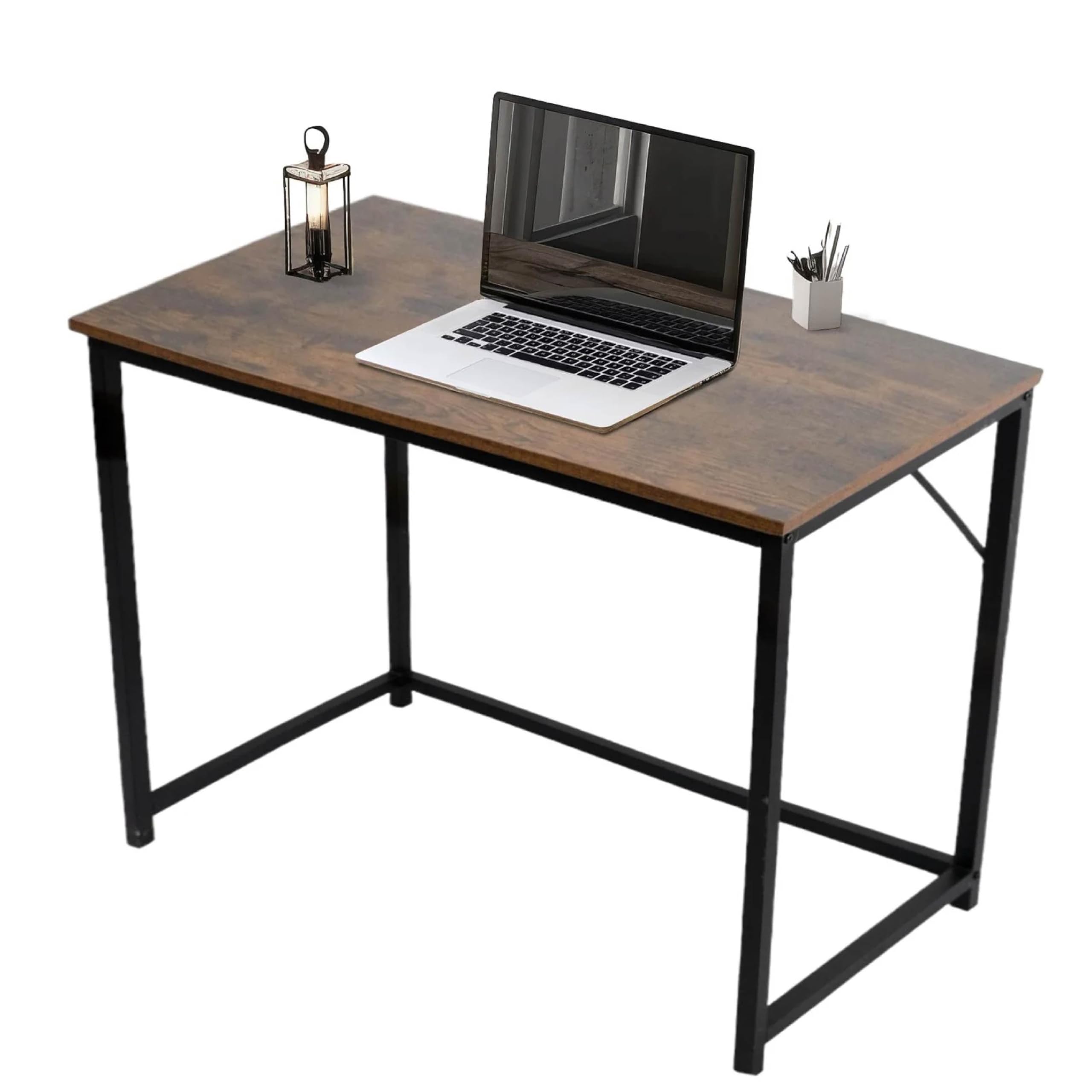 House of Home Rustic Computer Desk – 80x50cm Writing Desk for Home Office or Students, Study Table with Dark Brown Wood Effect Top & Black Metal Frame, Space-Saving Workstation