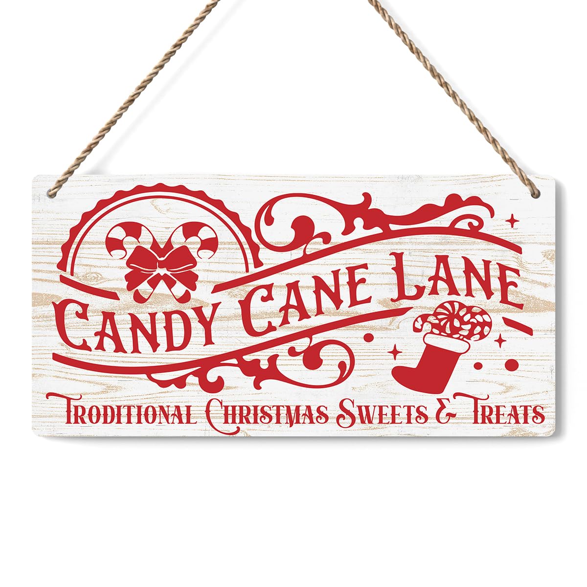 Candy Cane Lane Retro Traditional Christmas Sweets and Treats Decorations Wood Sign Winter Decoration Rustic Hanging Plaque Home Wall Art 12" x 6" Sign Wall Decor for Farmhouse Home Kitchen
