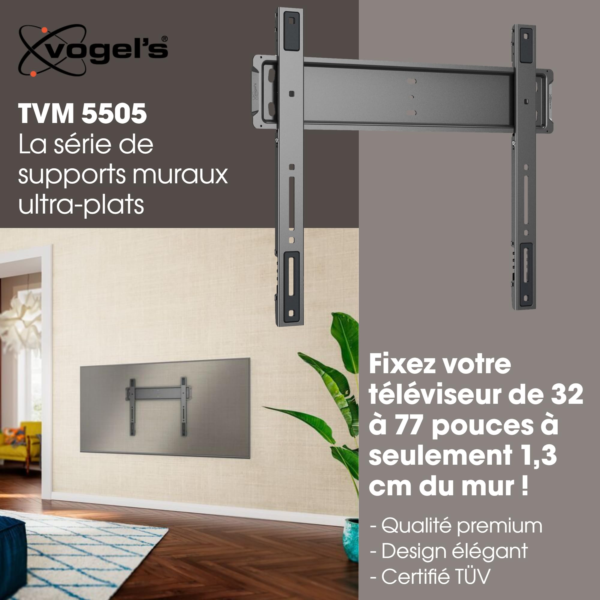 Vogel's TVM 5505 – Support Mural TV ultrafin avec GuidanceSystem™ sûr et Facile pour Grandes TV, 32-77 Pouces, Max. 75 kg, certifié TÜV, VESA 400x400, Distance Mur 1,3 cm | Seulement 13 mm du mur, Guidage innovant pour un accrochage sûr et sans effort, Ma