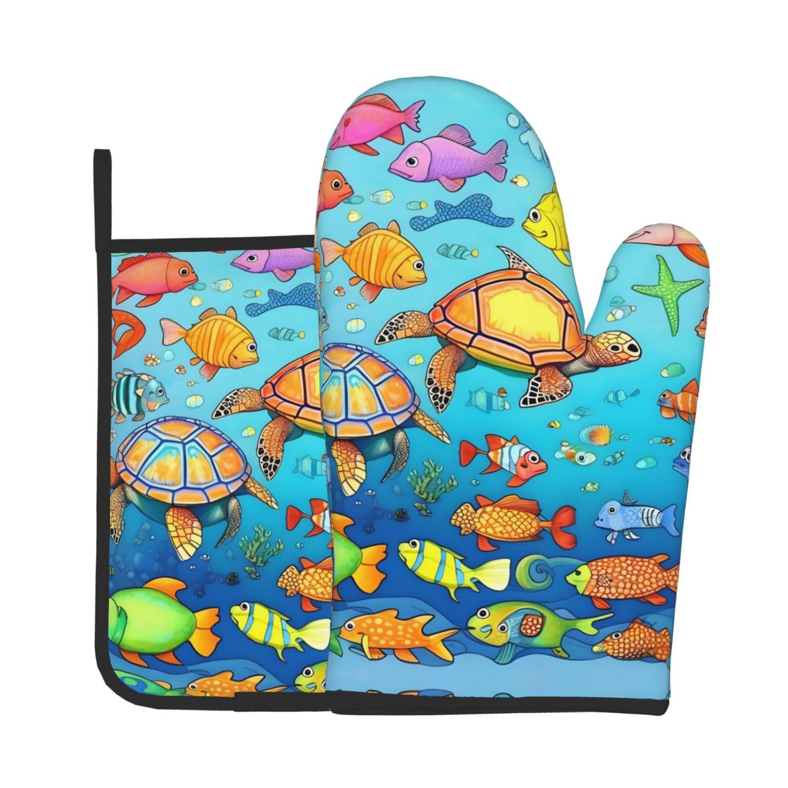 Oven Mitts and Potholders Set of 2 for Kitchen Baking Cooking GrayTurtle and Fish Thick and Durable