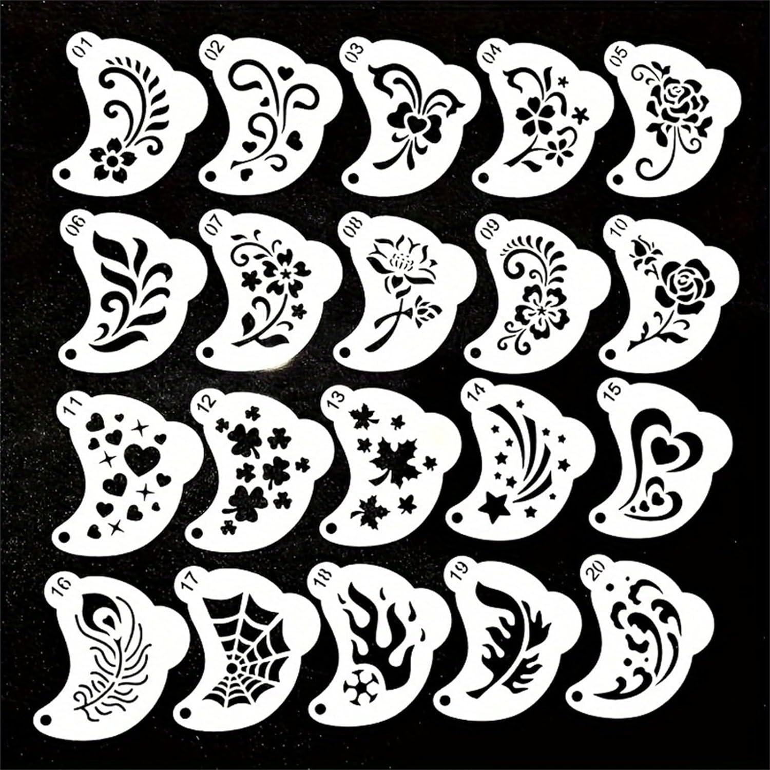 20 Reusable Body Paint Stencils for Party & Festival Makeup - Washable Face & Body Art Templates with Snap Closure Storage Pouch, Safe PET Plastic for Halloween, Birthdays ﻿（1-20） - Image 3