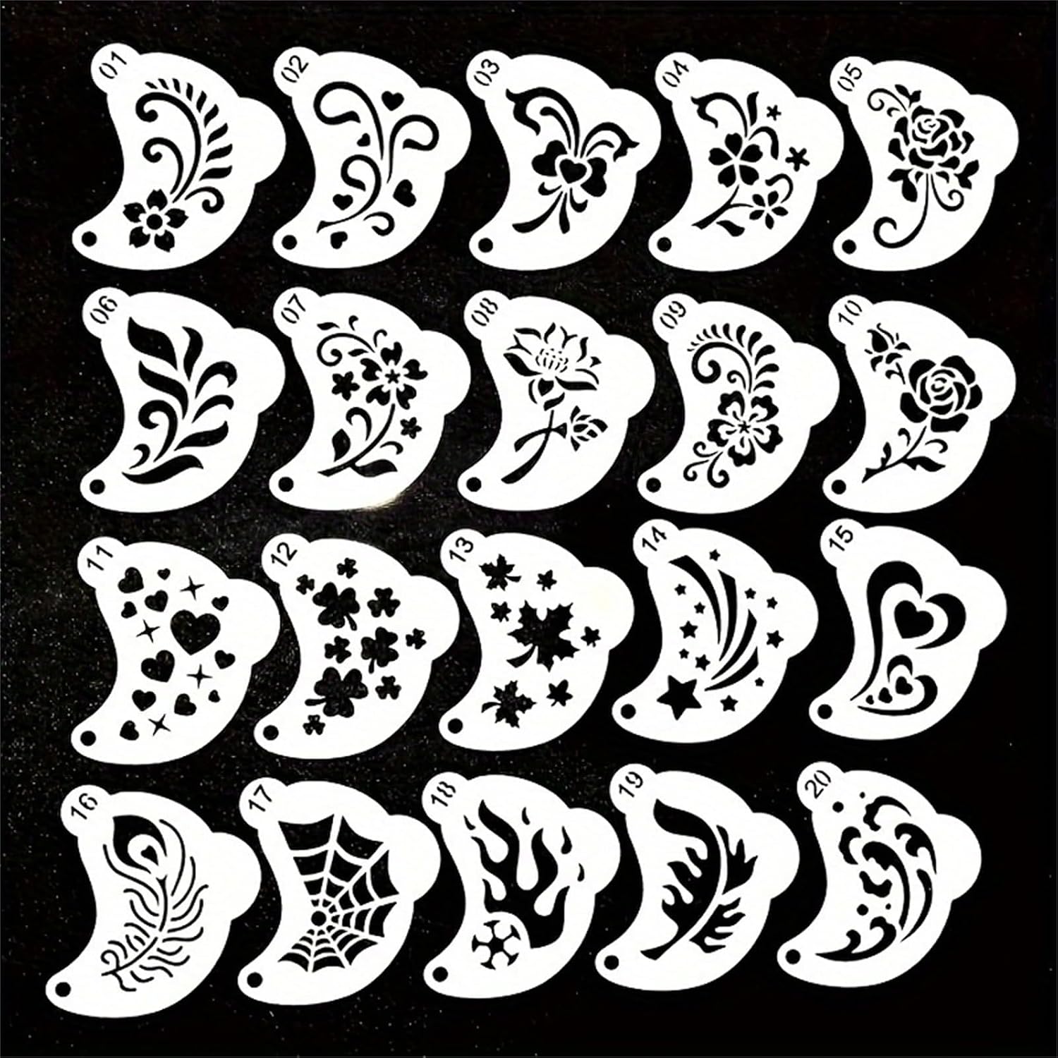 20 Reusable Body Paint Stencils for Party & Festival Makeup - Washable Face & Body Art Templates with Snap Closure Storage Pouch, Safe PET Plastic for Halloween, Birthdays ﻿（1-20） image 3