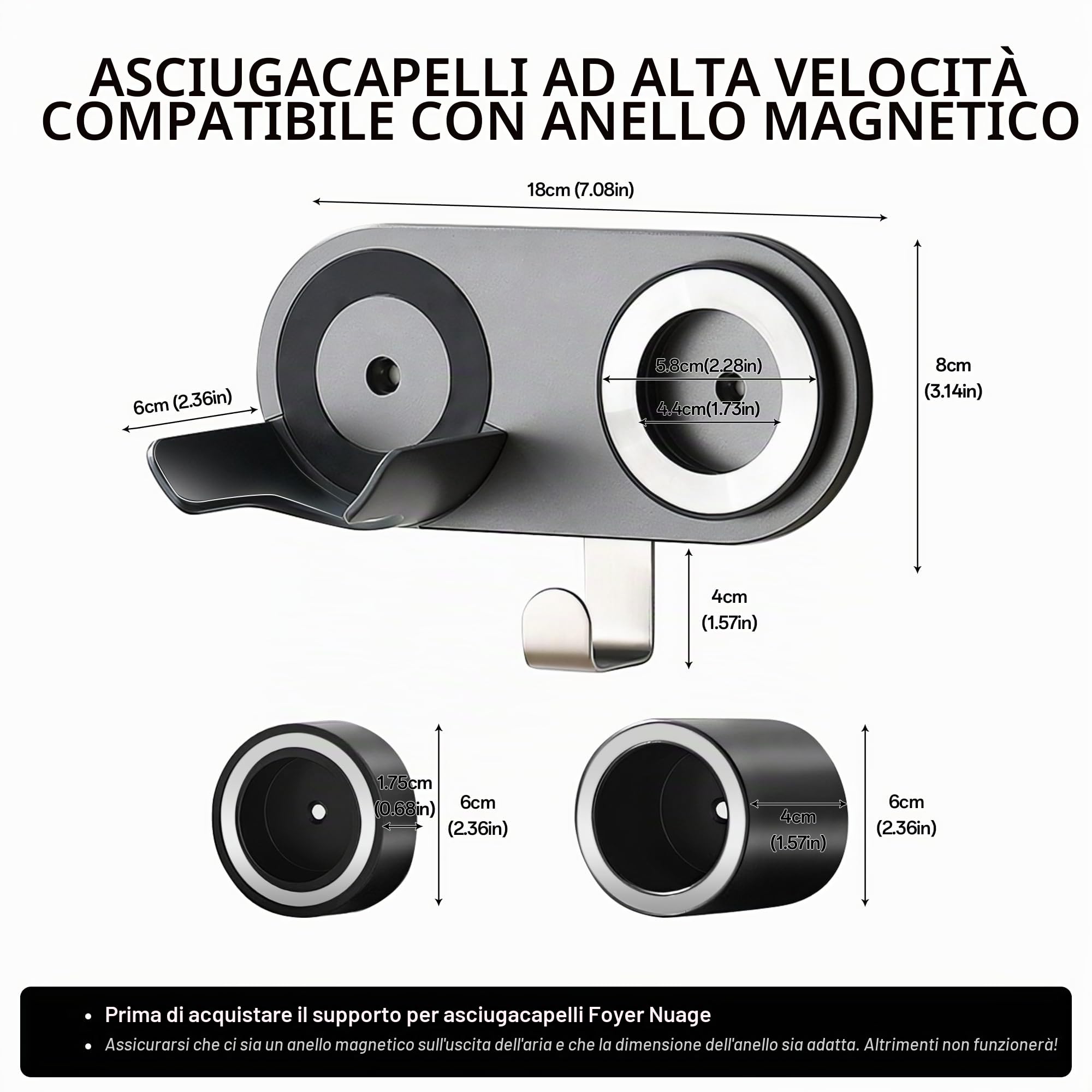 Supporto da Parete per asciugacapelli, per asciugacapelli magnetici, in Lega di Alluminio, con Gancio Organizer per Cavi (Bianco)