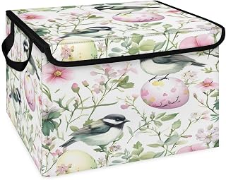 Birds Eggs Storage Bin with Lid, Spring Flower Collapsible Storage Basket, Decorative Fabric Storage Cubes Closet Organizer with Handles for Clothes Closet Shelf