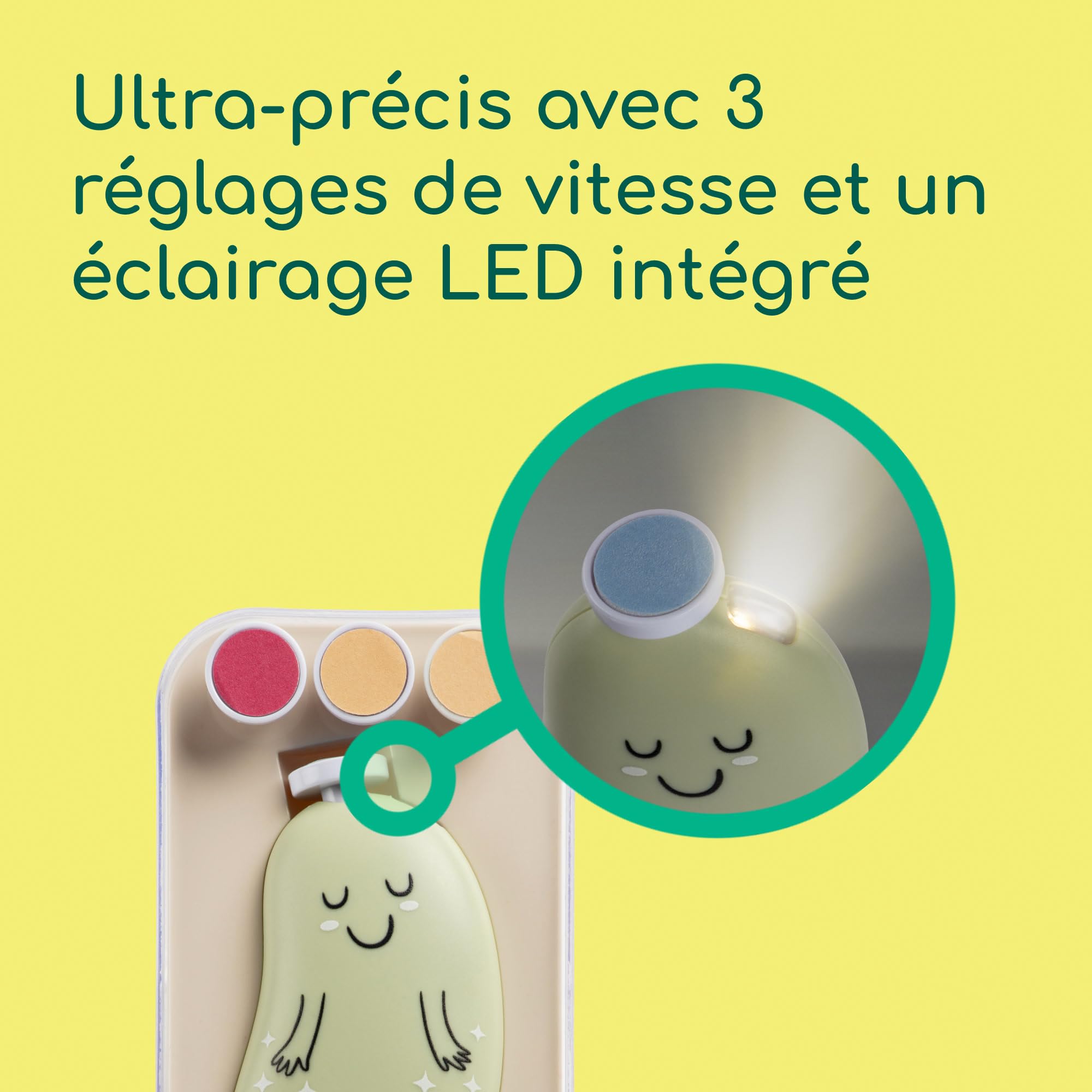 Bebeconfort Lime à Ongle Electrique Bebe, Dès la Naissance, Pour Bébé et Tout-petit, 7 Limes à Ongles Avec Différentes Textures, Recharge USB-C, 3 Vitesses, LED Intégrée, Étui De Rangement, Vert