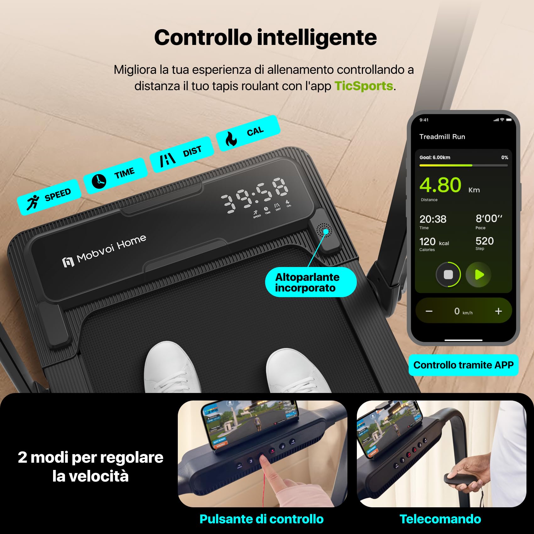 Mobvoi Home Tapis Roulant AI Intelligente 3 in 1 per casa e ufficio Supporto per Tapis Roulant per Tazza Telefono Laptop Ampia Area di Corsa Display a LED TicSports Zwift Kinomap APP 12km/h 120kg