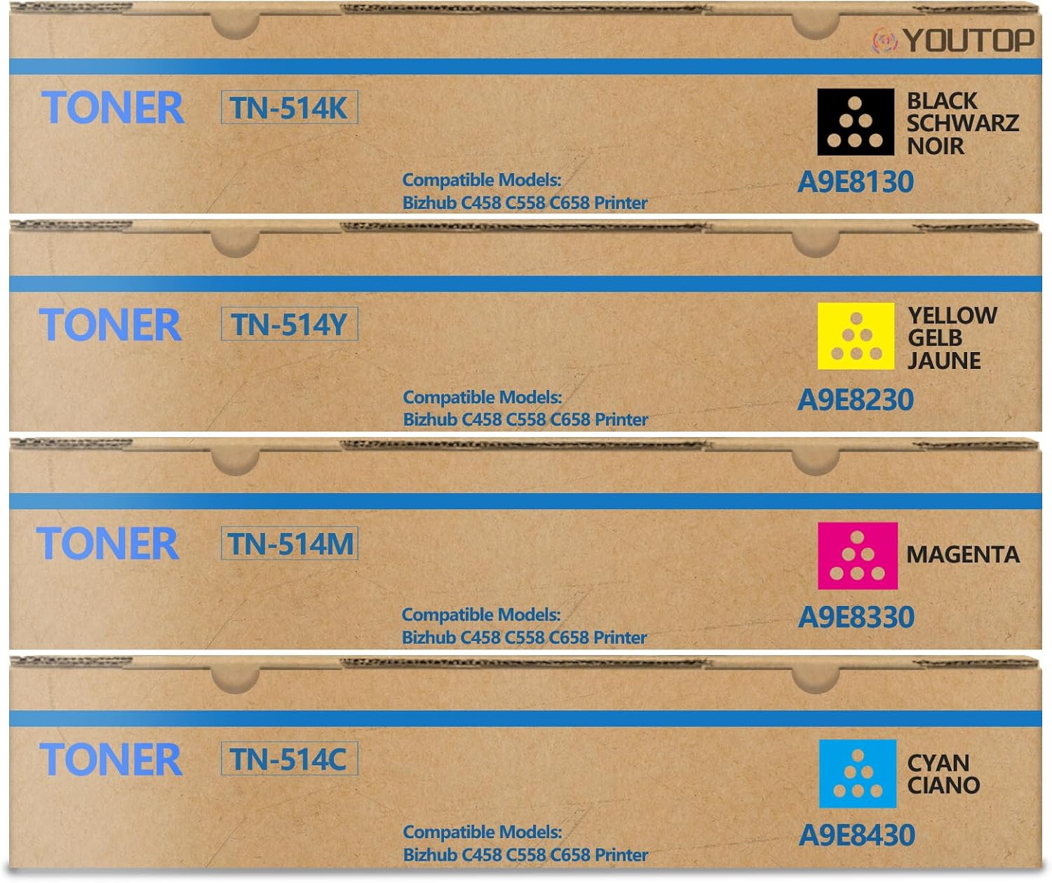 4PK TN512 TN513 TN514 TN515 TN516 TN324 Toner Cartridge Compatible for Konica Minolta bizhub C458 C558 C658 C258 C308 C368 C454 C554 Printer