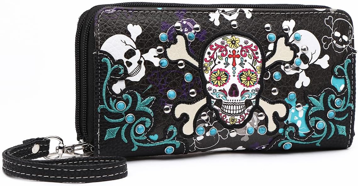 Sugar Skull Western Cross Clutch Wallet Day of the Dead Wristlet Purse Calavera - Image 2