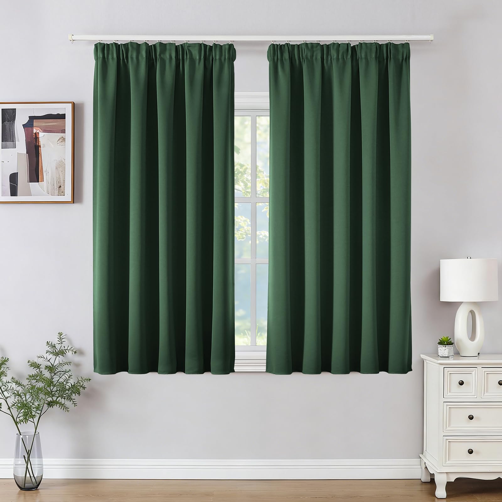 Joydeco Pencil Pleat Blackout Curtains W46 x L54 Inch 2 Panels for Ceiling Track Rail, Pair of Bedroom Window Curtains 137cm Length with Rod Pocket for Room Darkening - Dark Green