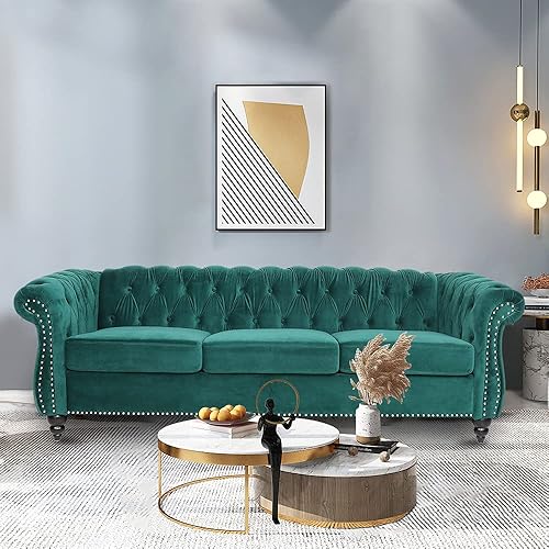 Miniatura 54 de Sofá Chesterfield de terciopelo, sofá tapizado clásico capitoné, moderno de 3 plazas, muebles largos con respaldo copetudo para sala de estar y