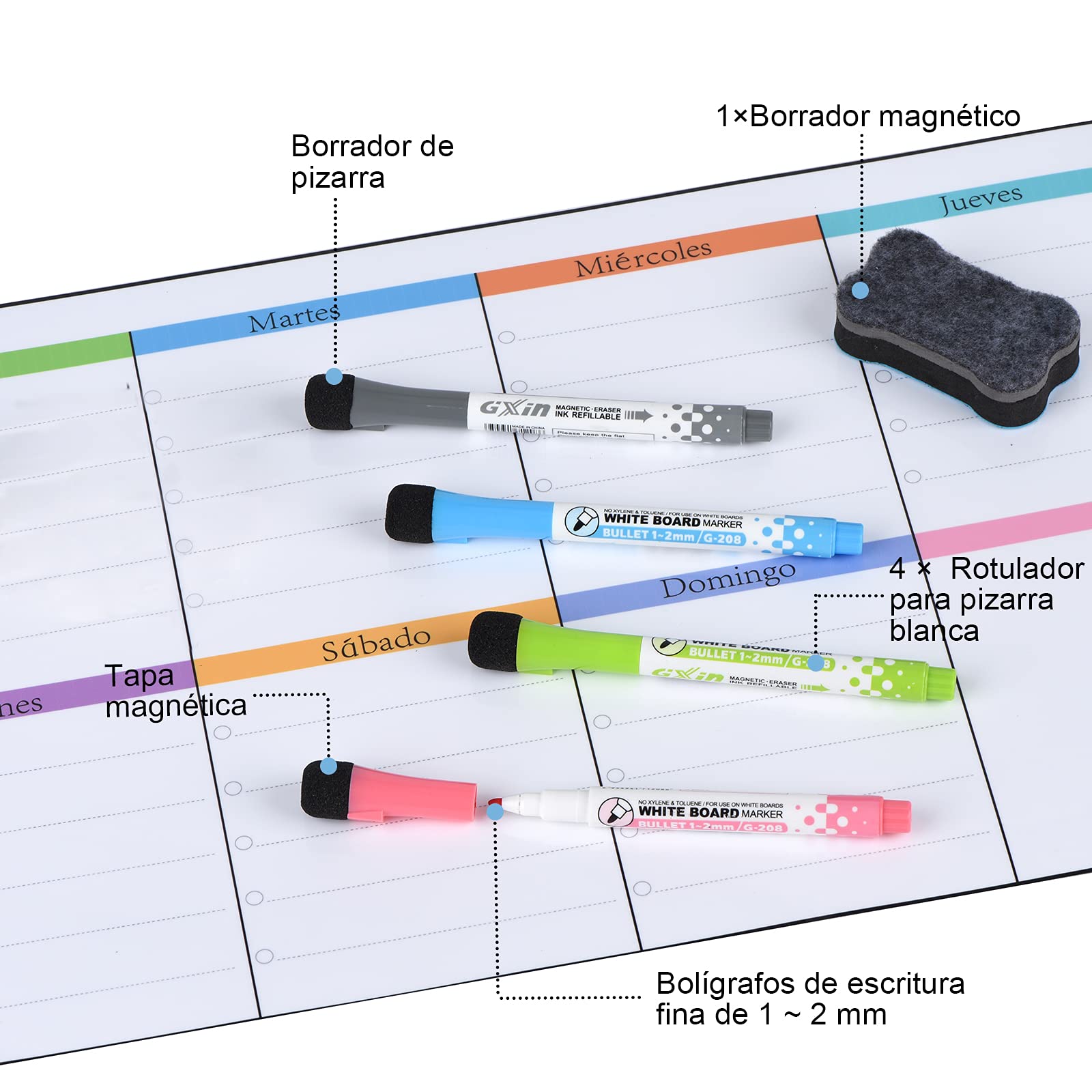 POPRUN Whiteboard, weekplanner, afwasbaar, zelfklevend, voor koelkast, muur, glas en hout (elk glad oppervlak), familieplanner, planningbord, huishoudplanner, eetplanner, 42 x 28 cm, in het Duits