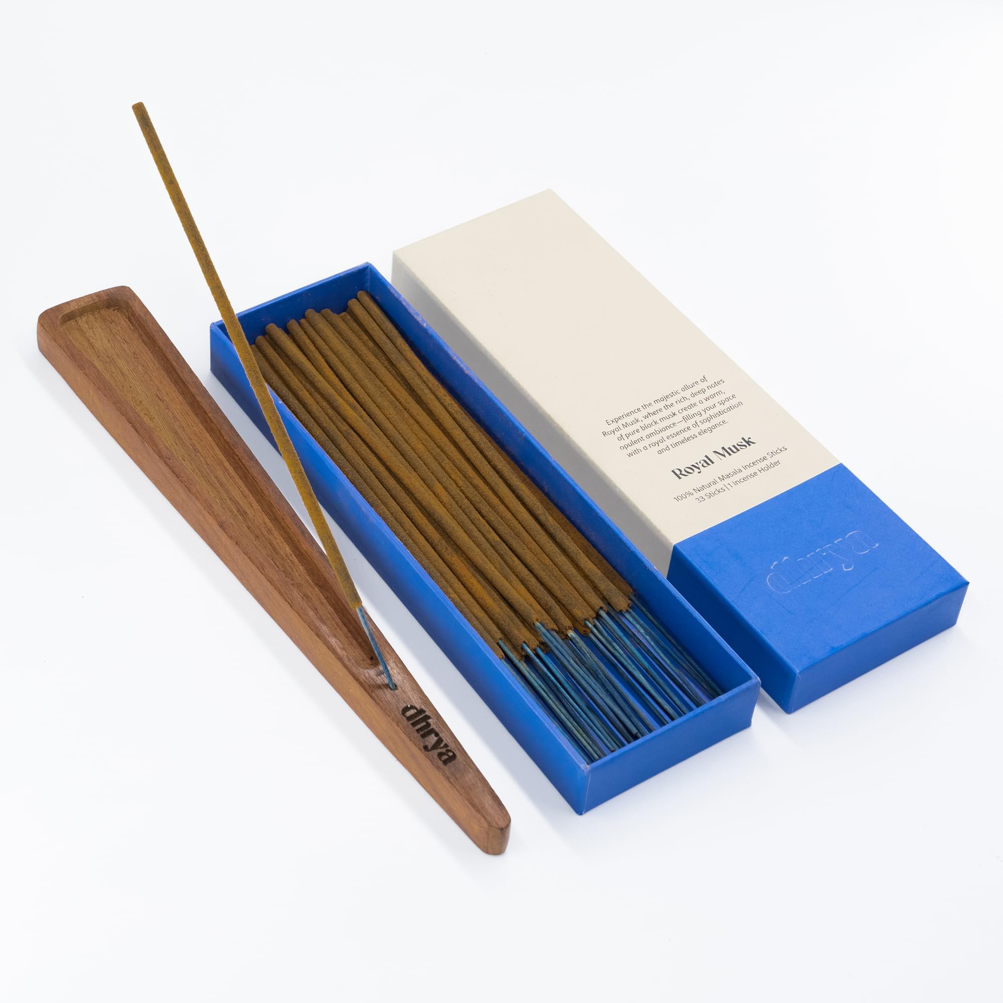 Dhrya Blue Royal Musk Luxury Hand-Made Natural Masala Incense Sticks – Organic, Charcoal-Free Pure Musk Scent For Aromatherapy & Meditation (33 Sticks + Indian Rosewood Holder)