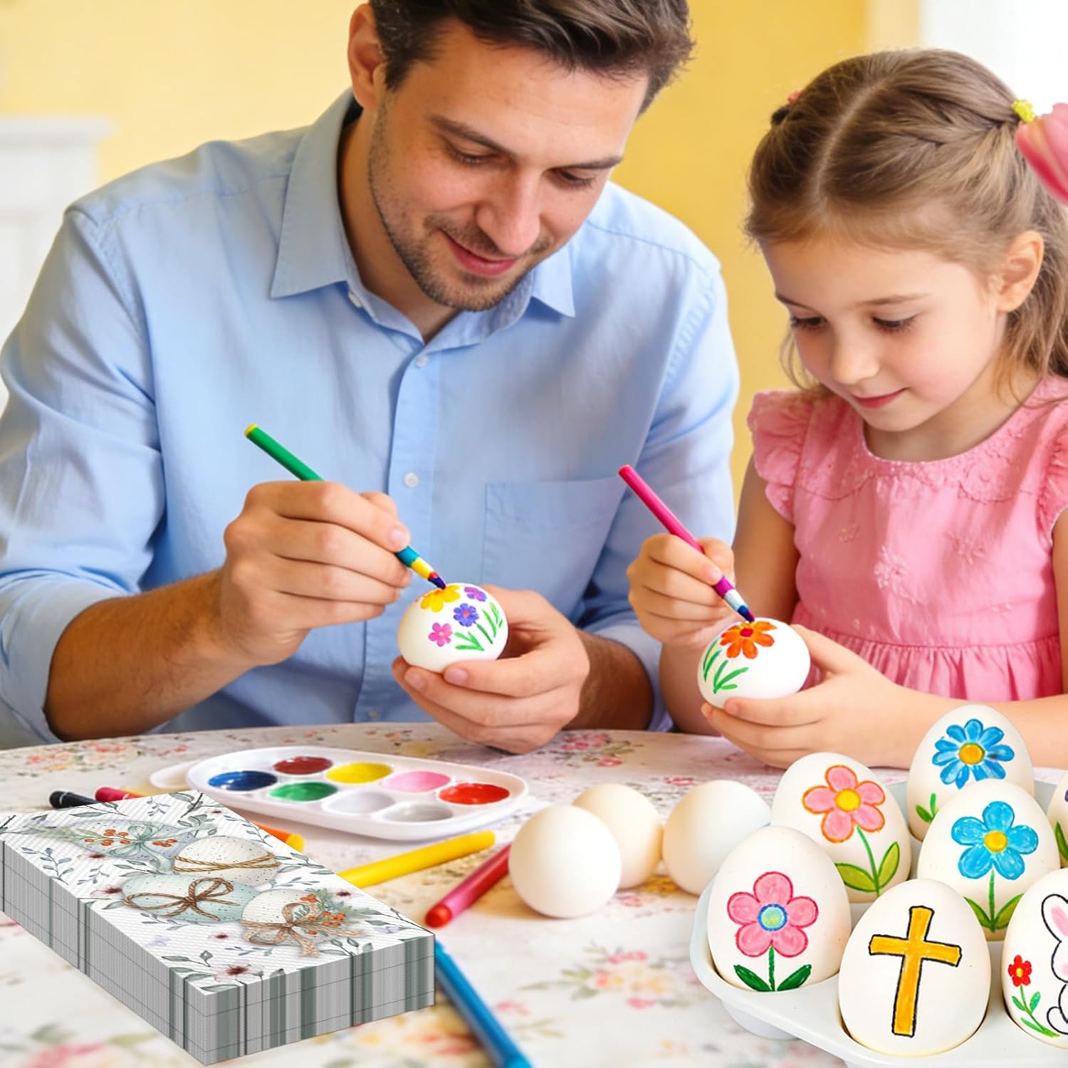 100Pcs Easter Napkins - Watercolor Flower Egg Party Napkins Spring Floral Theme Party Supplies Disposable Luncheon Dinner Napkins 7.8" x4.3" for Tea Party Kitchen Bathroom